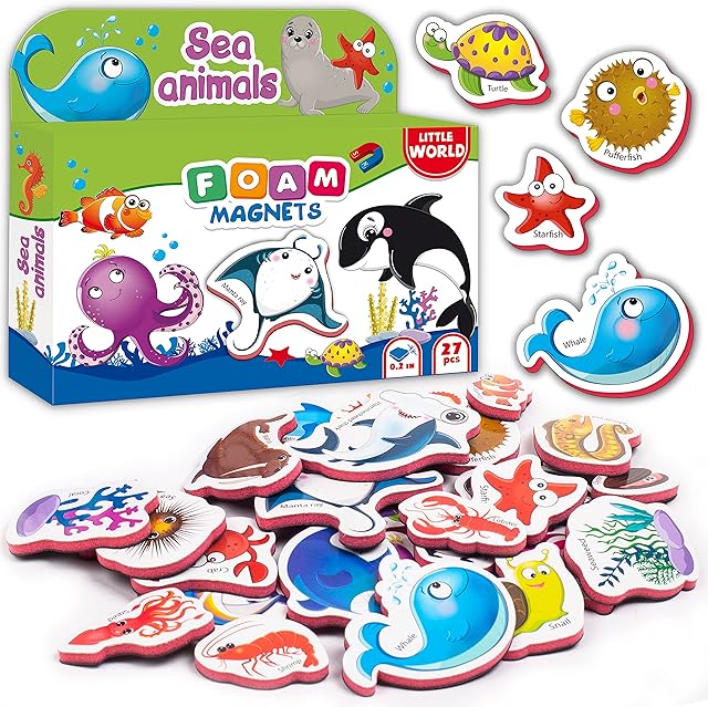 Little World 27 Foam Fridge Magnets for Kids  Fridge Magnets for Toddlers  Large Kids Fridge Magnets  Learning Animal Magnets for Babies  Sea Magnetic Animals