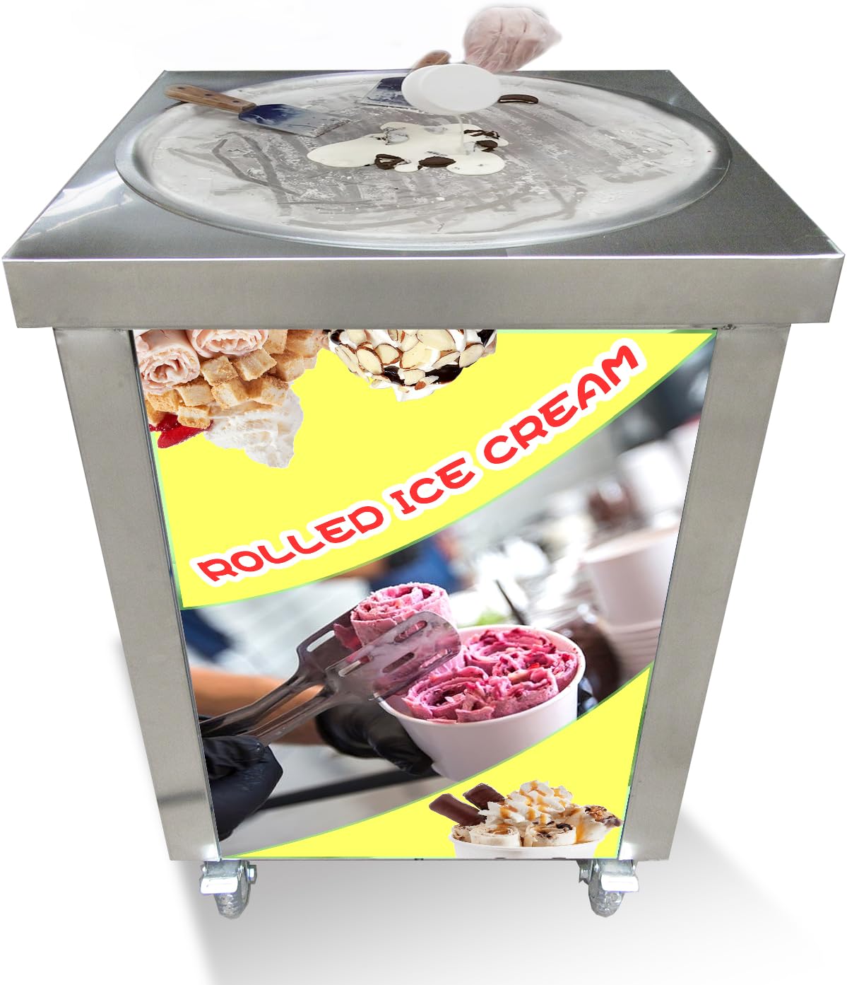 Commercial Single 22" Big Round Pan Fried Ice Cream Rolled Machine,Gelato Fry Frozen Yogurt Ice Cream Roll Machine, Ice Pan Maker for Street Snack Food, Restaurant, Bar,Cafe Shop