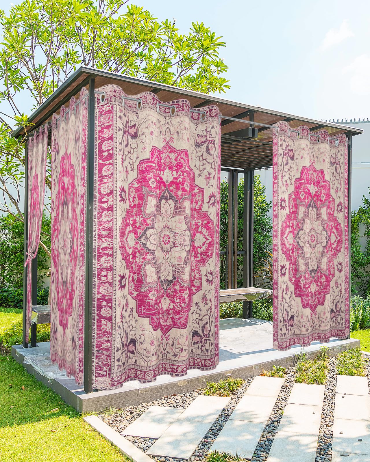 Pink Bohemian Outdoor Curtains for Patio Waterproof, Grommet Privacy Curtain Drapes Weatherproof Outside Curtains for Porch GazeboPergola Cabana 2 Panel 54x95inch Medallion Floral Geometric Printed