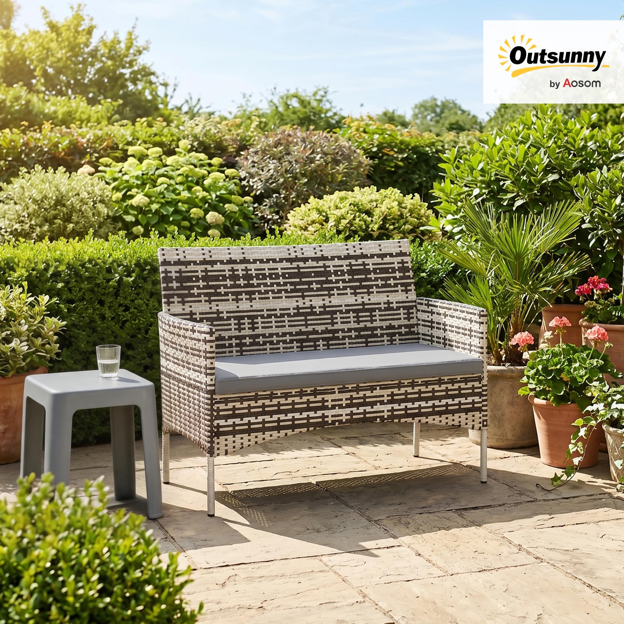 Outsunny Canapé de Jardin 2 Places en résine tressée avec Coussins, canapé d'extérieur avec accoudoirs, Cadre en Acier pour Balcon, Porche, Jardin, Gris Clair