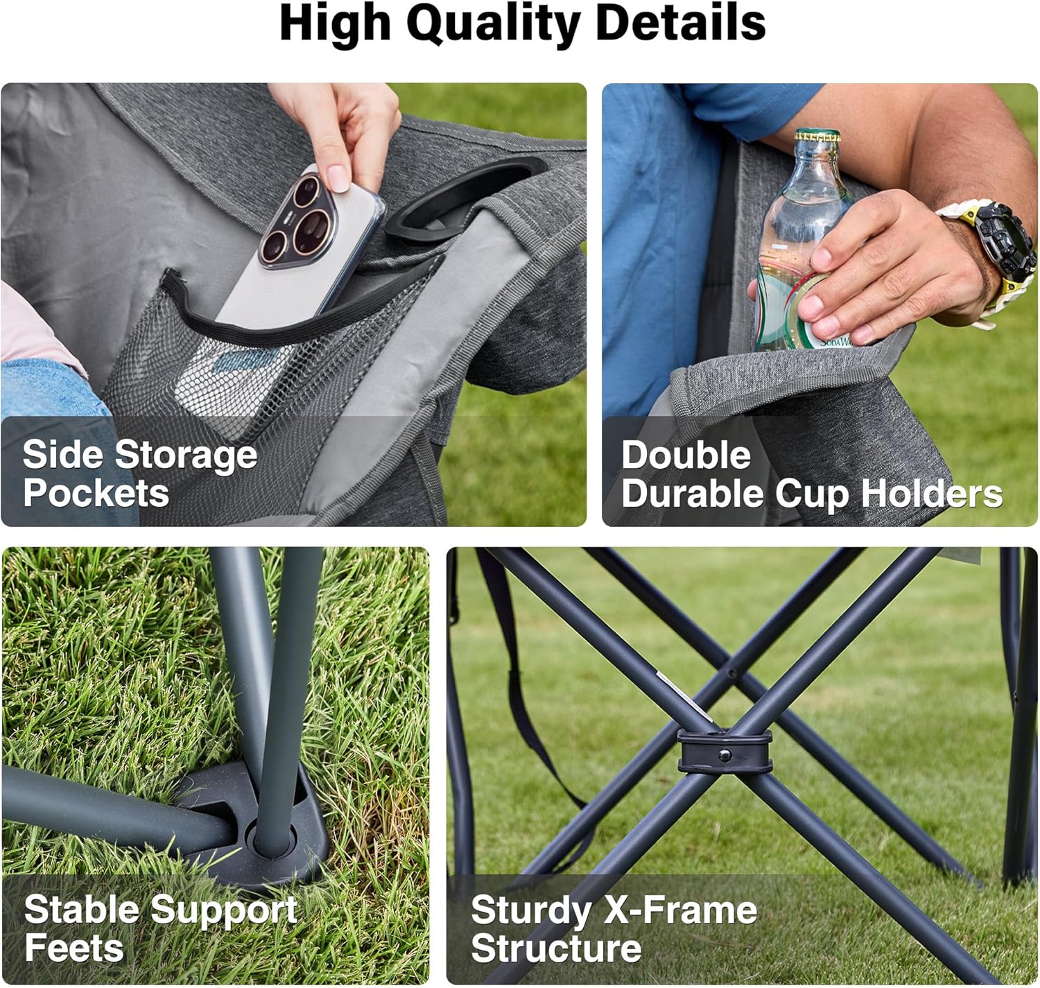 Oversized Camping Chair, Portable Folding Padded Camp Chairs with Side Pocket, Cup Holder, Heavy Duty Support 500LBS Outdoor Lounge Chair for Adults, Fishing, Sports, Trip, Grey - Image 6