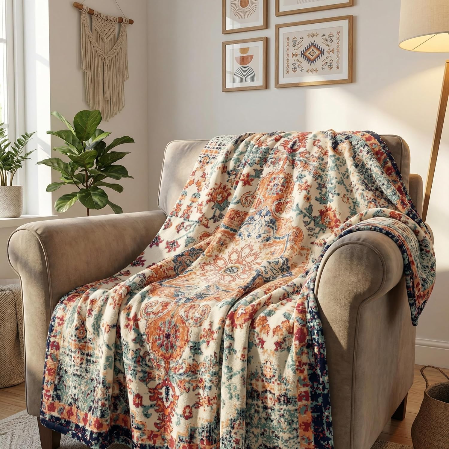 Horaldaily Boho Bohemia Blanket Throw, Vintage Country Rustic Farmhouse Soft Fuzzy Plush Faux Fur Cozy Blankets for Couch Sofa Bed Lounging, Ideal Gifts for Kids Adults Wife Self, 60x80