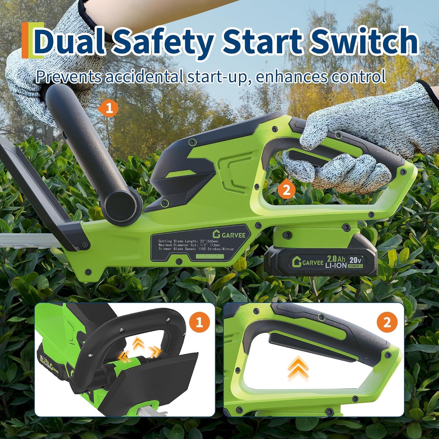 22 Inch Cordless Hedge Trimmer, 20V Electric Bush Trimmer with 2 x 2.0Ah Lithium Batteries & Charger, 1100 RPM Dual-Action Blades, Lightweight Handheld Garden Tool for Shrubs, Hedges, Lawns (Green)