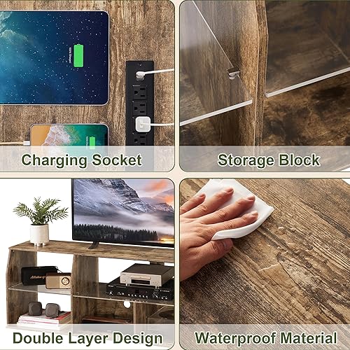 Miniatura 6 de VECELO Soporte de TV con tira LED y tomas de corriente, centro de entretenimiento industrial para televisores de 45505560657080 pulgadas, 7 espacios