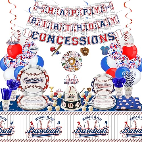 225 decoraciones de fiesta de béisbol: platos de béisbol, servilletas, mantel, pancarta, tazas, globo de béisbol, calcomanías, adornos para pasteles