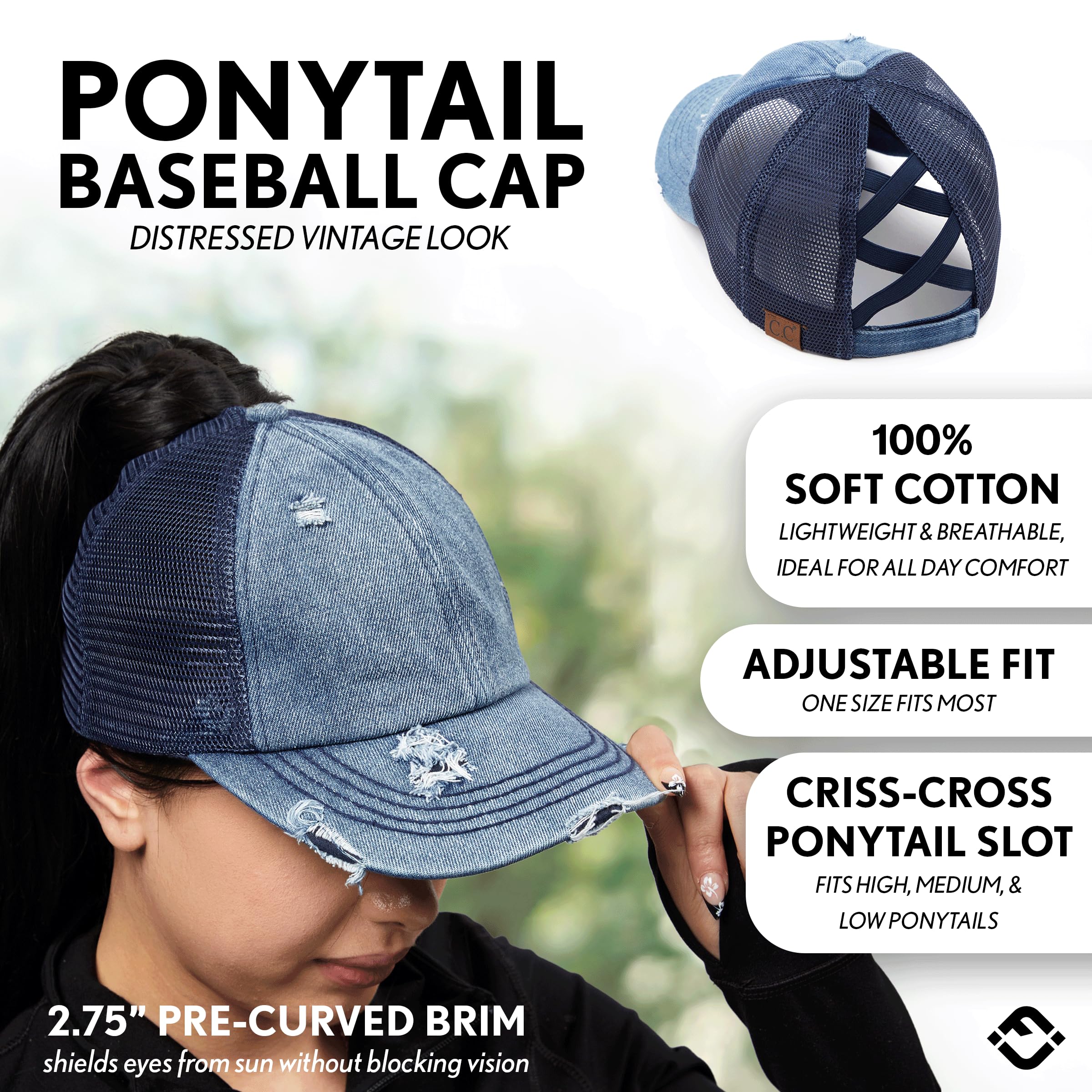 Funky Junque Women's Distressed Ponytail Trucker Hat with Criss Cross Ponytail Hole Messy Bun Baseball Cap - Navy Mesh - Denim (Distressed)