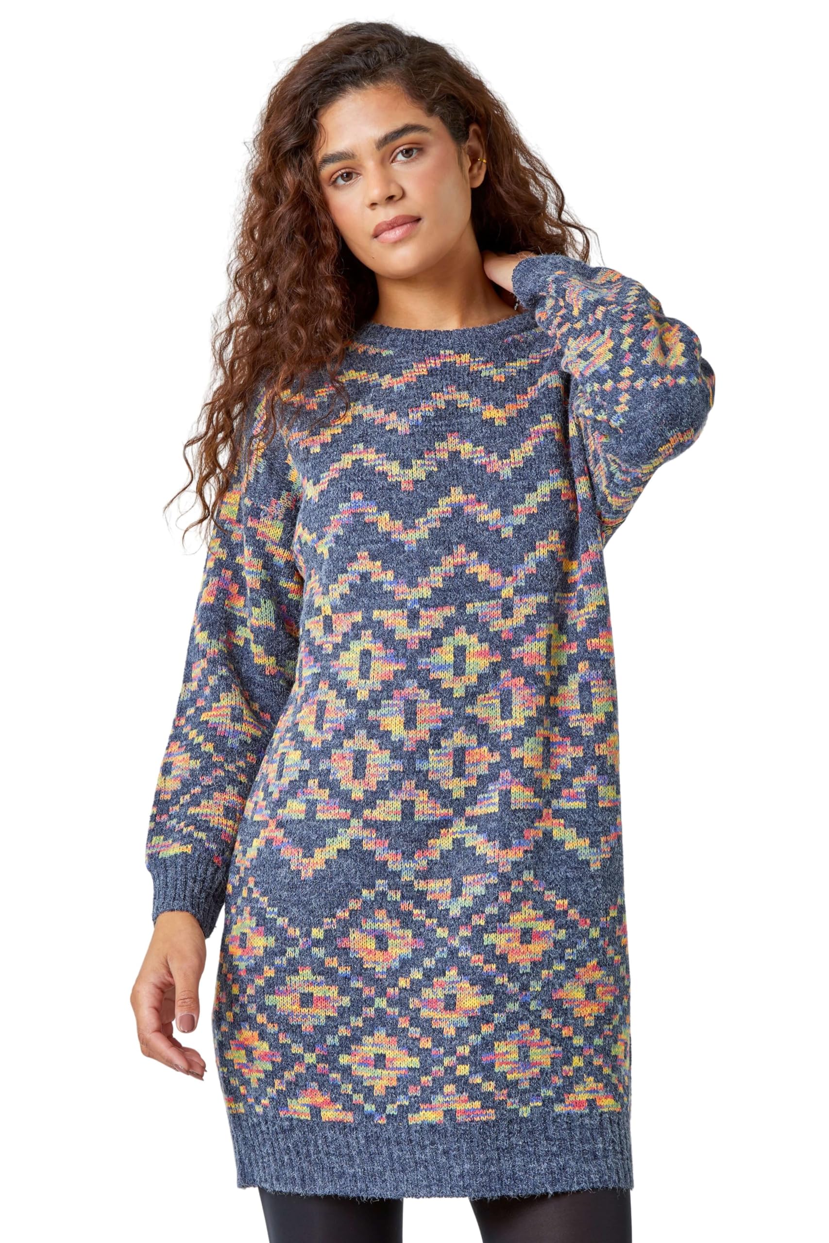 Roman Thick Jumper Dress for Women UK Ladies Fairisle Aztec Knitted Knit Sweater Knitwear Autumn Winter Holiday Round Neck Long Sleeve Soft Knee Length Sweat Warm
