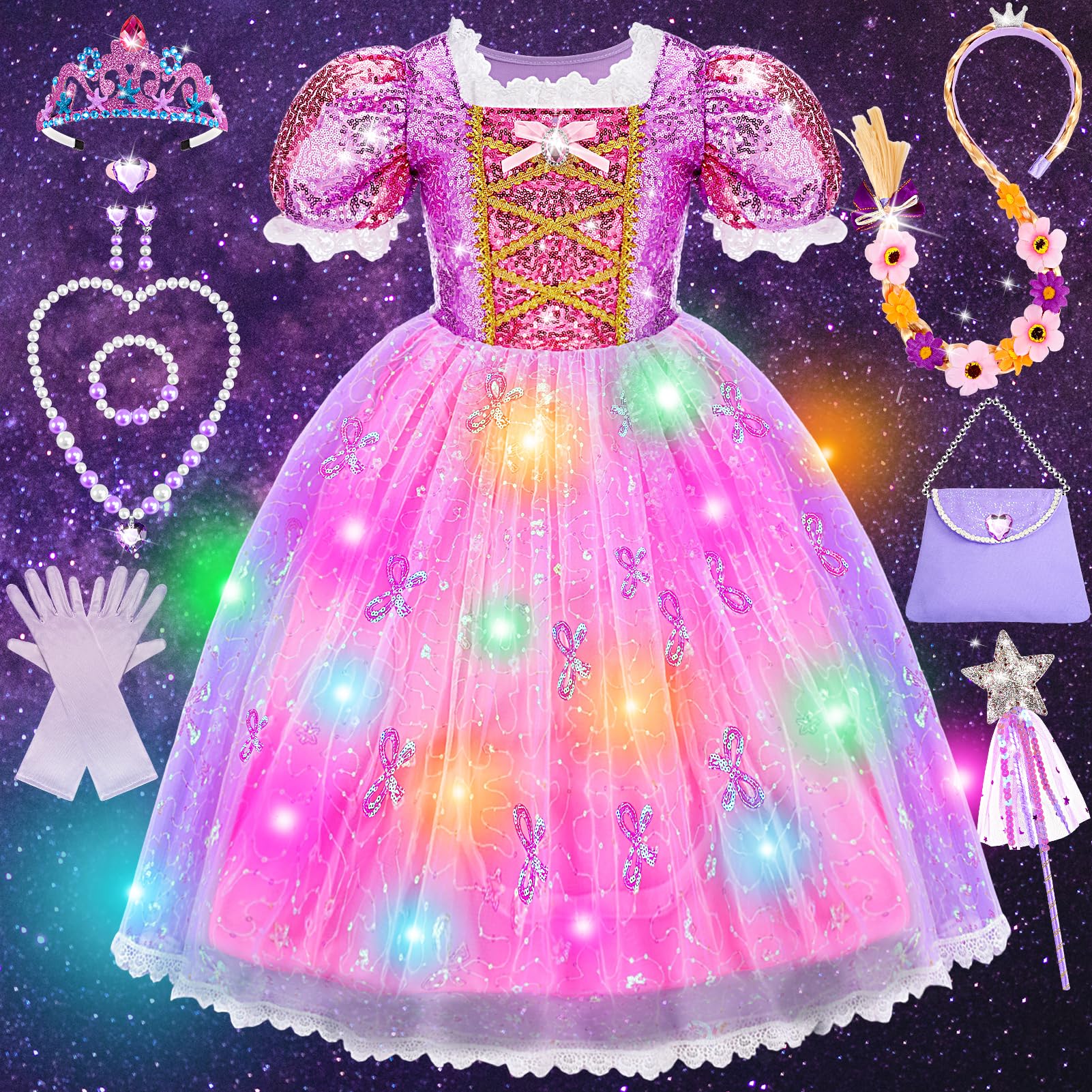 Rapunzel Dress Up for Girls 3 4 5 6, Light Up Princess Costumes for Girls Age 3 4 5 6 Fancy Dress Up for Girls Age 3 4 5 6 Christmas Gifts for 3-6 Year Old Girls Carnival Birthday Party