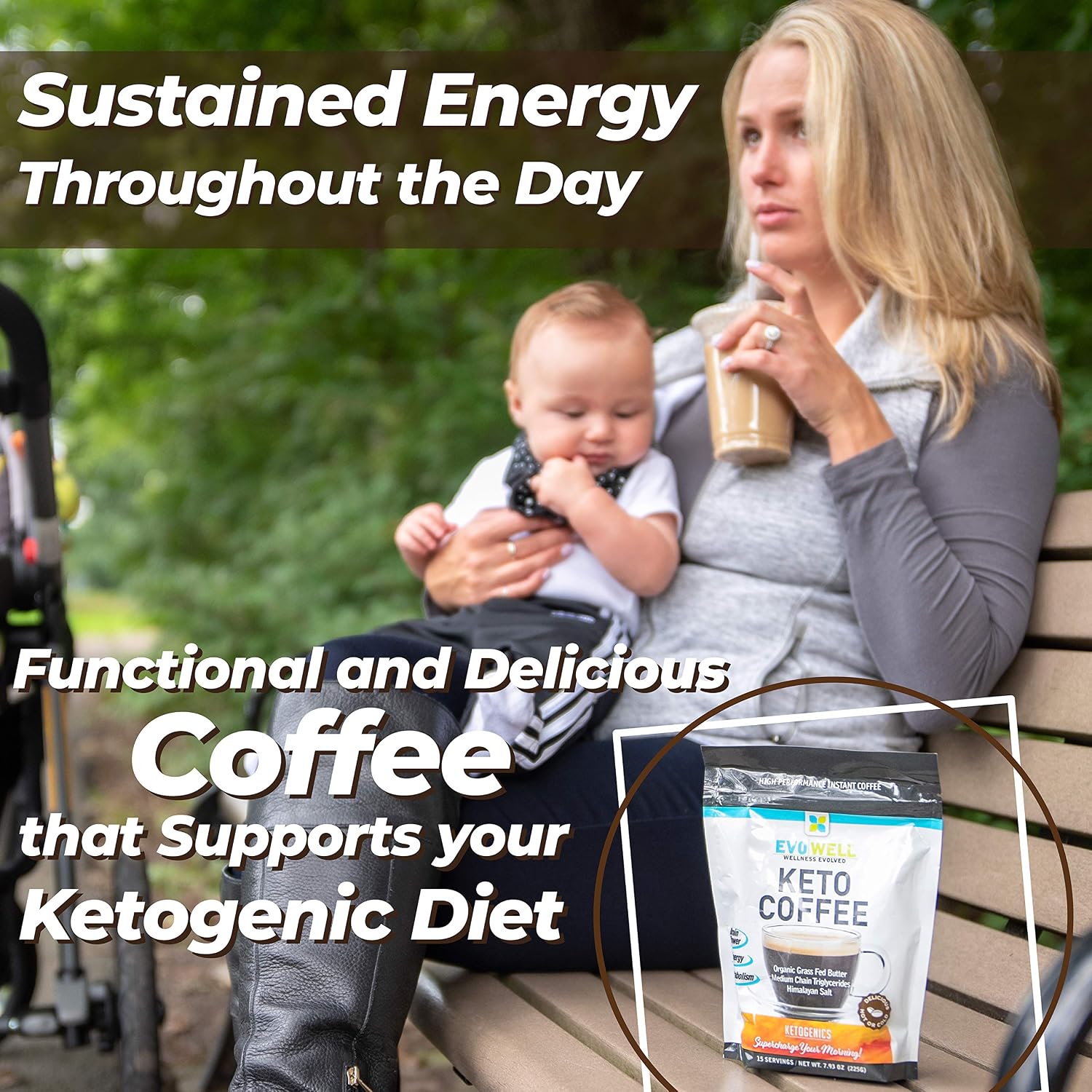 EVOWELL Keto Brown Coffee, Organic Grass Fed Butter, Medium Chain Triglycerides, Himalayan Salt, 15 Servings
