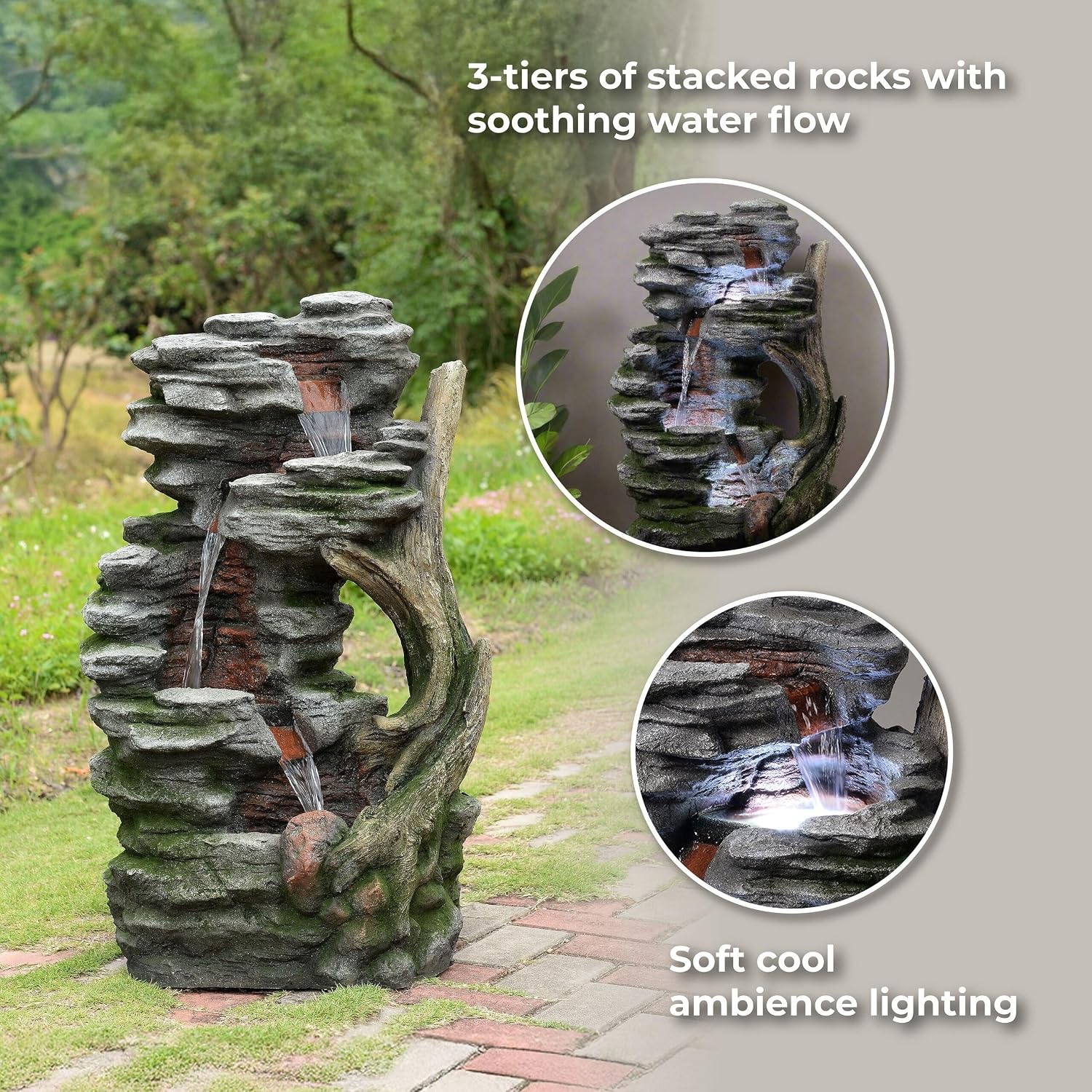 Teamson Home Rustic Stream Outdoor Water Fountain–Cool Glow Lighting with Adjustable Flow & Electric Pump, Brown