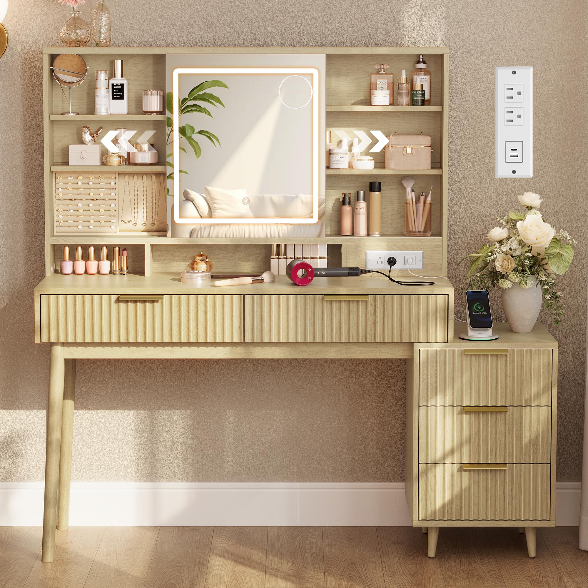 Photo 1 of **MISSING PARTS***VASAGLE MAXE Collection - Vanity Desk with Sliding Mirror and Lights, Mid Century Modern Fluted Makeup Vanity with 10x Magnifying Mirror, Charging Station, Jewelry Storage, Oak Beige URDT139YC01S
