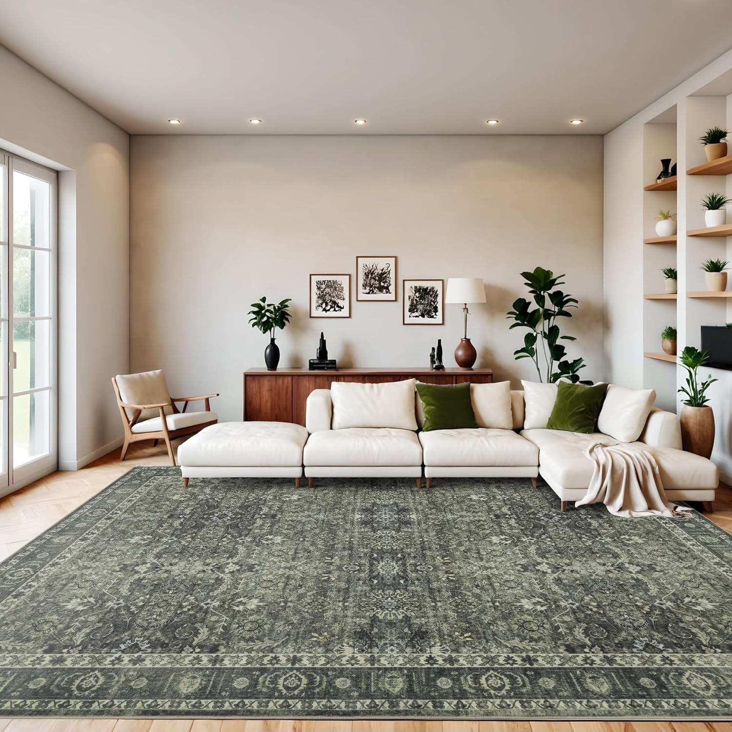 8x10 Vintage Washable Area Rug for Living Room,Low Pile Non Slip Carpet Non-Shedding Large Area Rug Soft Indoor Stain Resistant Rug Floral Print Mat for Bedroom Dining Room Green Floral - Image 2