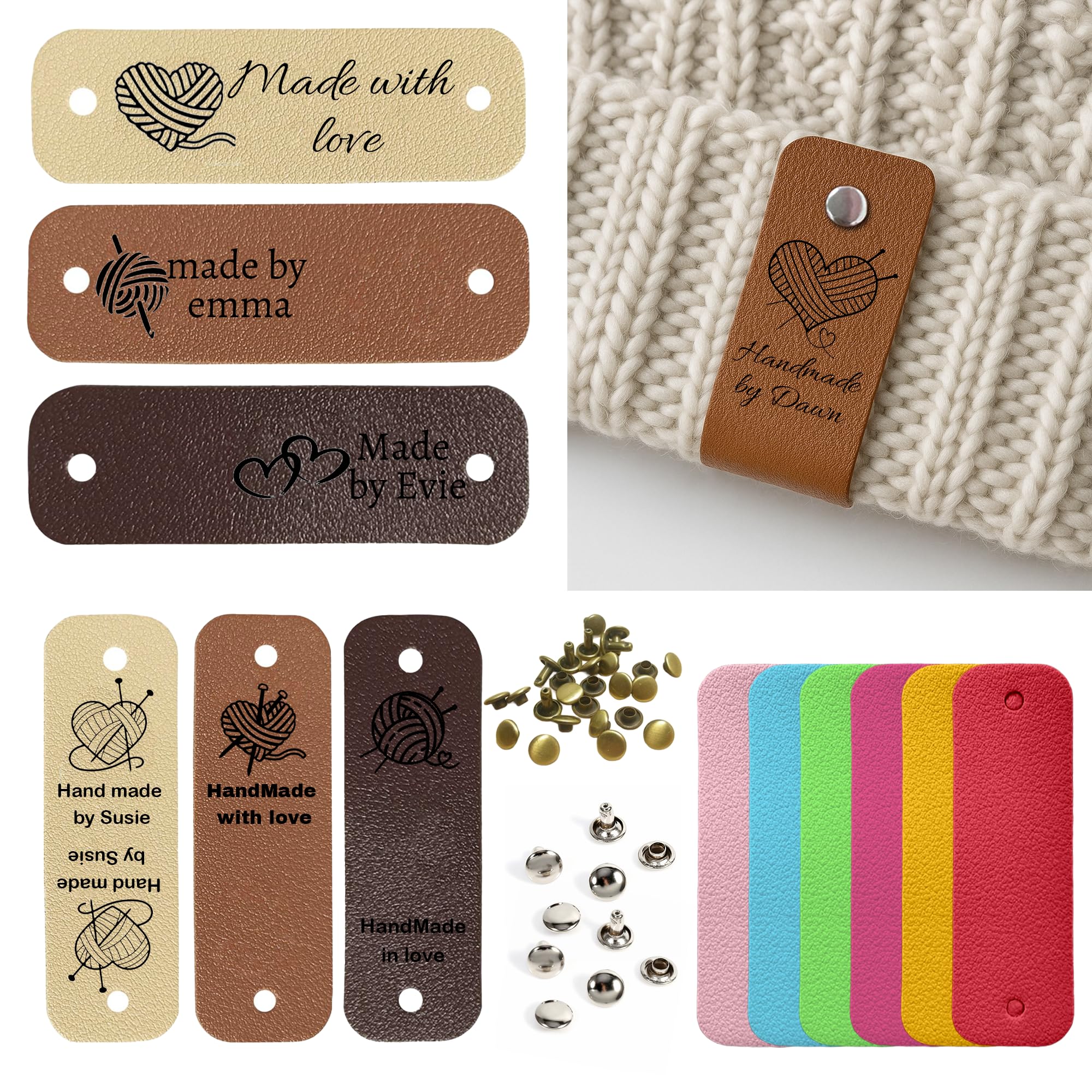 12-150Pcs Personalised Handmade with Love Tags, Custom Name Tags for Clothes, Leather Tags for Handmade Items with Rivets, Suitable for Handmade Blessing Gifts for Christmas, Birthdays (2.5x0.8in B)