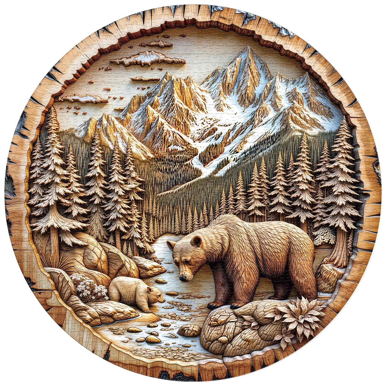 WOODBESTS Puzzle 1000 Teile Erwachsene - Bärenfamilie in der Wildnis | 67.5x67.5 cm Rund Impossible Klassische Jigsaw Puzzles, Unregelmäßige Einzigartige Puzzle für Familie Freunde