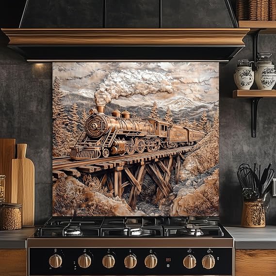 Vintage Train Glass Backsplash for Kitchen, Embossed Copper Glass Kitchen Backsplash, Rustic Stove Backsplash, Stove Behid Splashback Glass, Custom Kitchen Backsplash