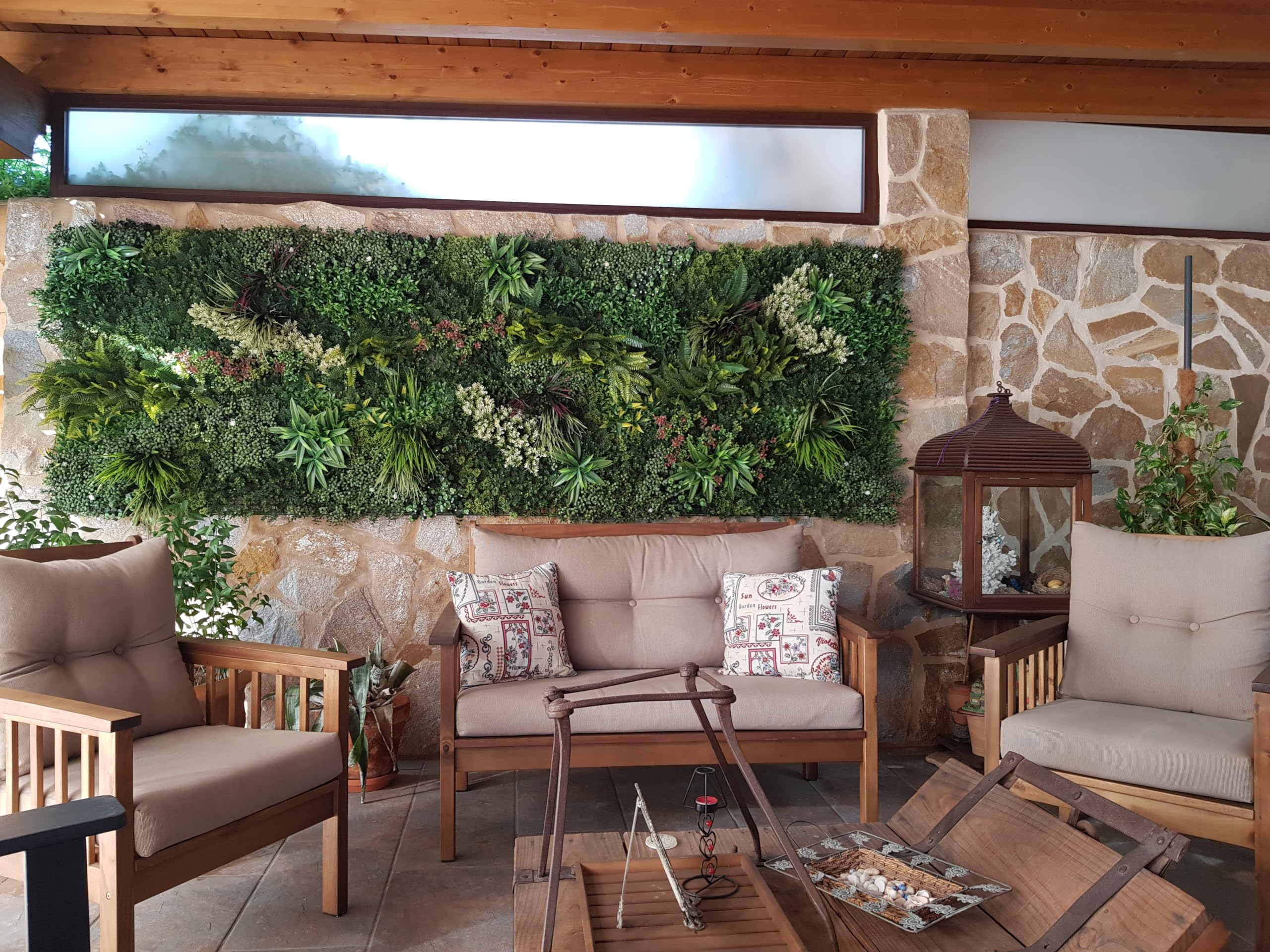 Bonerva Jardín Vertical Artificial Bahamas 3m², Pack 3 Paneles 100x100 cm, Muro Vegetal Verde Decorativo con Protección UV Interior Exterior