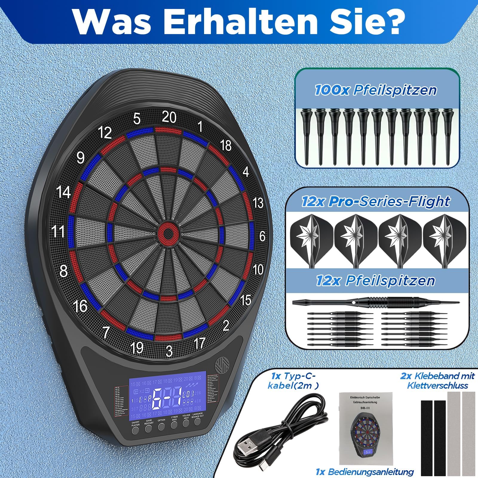 Dartscheibe Elektronisch mit LED-Lichtmodi, Automatische Punktzählung LCD, 34 Spiele & 72 Varianten, Soft/Steeldart geeignet, Komplettset mit 12 Pfeilen + 100 Ersatzspitzen, Type-C Aufladung
