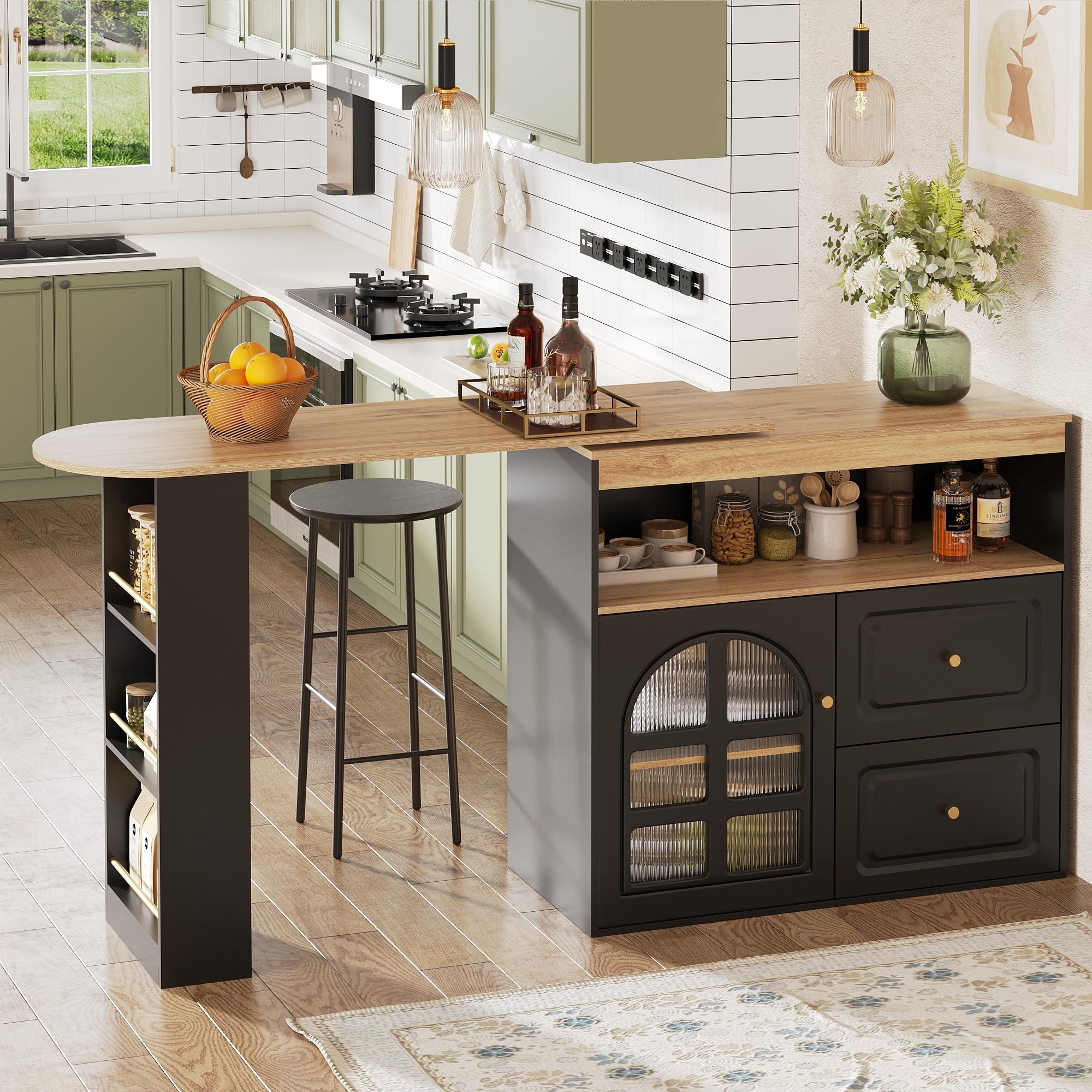 Tavolo Bar Estensibile Rotazione 360°, Mobile Cucina Moderno con Ripiani e Vetro, Credenza con 4 Cassetti, Scaffali Aperti e Porta in Vetro (Black, 138-204x39x104 cm)
