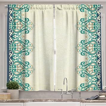 Ambesonne Damask Kitchen Curtains, Ornamental Lace Like Border Victorian Style Pattern Design Illustration, Window Drapes 2 Panel Set for Kitchen Cafe Decor, 55" X 39", Yellow Jade