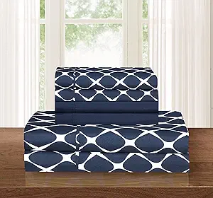 Elegant Comfort Luxury Softest and Coziest 6-Piece Bed Sheet Set, Wrinkle Resistant Milano Trellis Pattern-1500 Thread Count Egyptian Quality Microfiber Bedding Set, King, Navy Blue