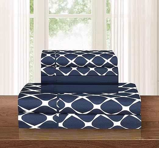 Elegant Comfort Luxury Softest and Coziest 6-Piece Bed Sheet Set, Wrinkle Resistant Milano Trellis Pattern-1500 Thread Count Egyptian Quality Microfiber Bedding Set, King, Navy Blue