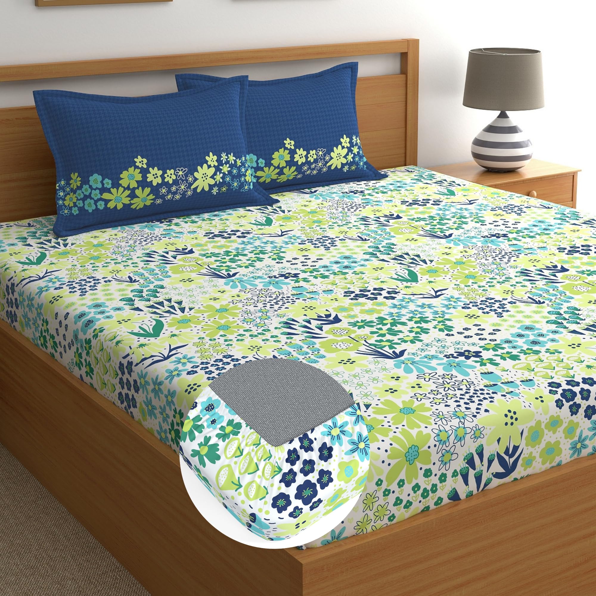 Home Ecstasy 100% Cotton Fitted Queen Bedsheets with 2 Pillow Covers Cotton (Size 60 x 78 inches, 140TC, Colour Blue)-image-7
