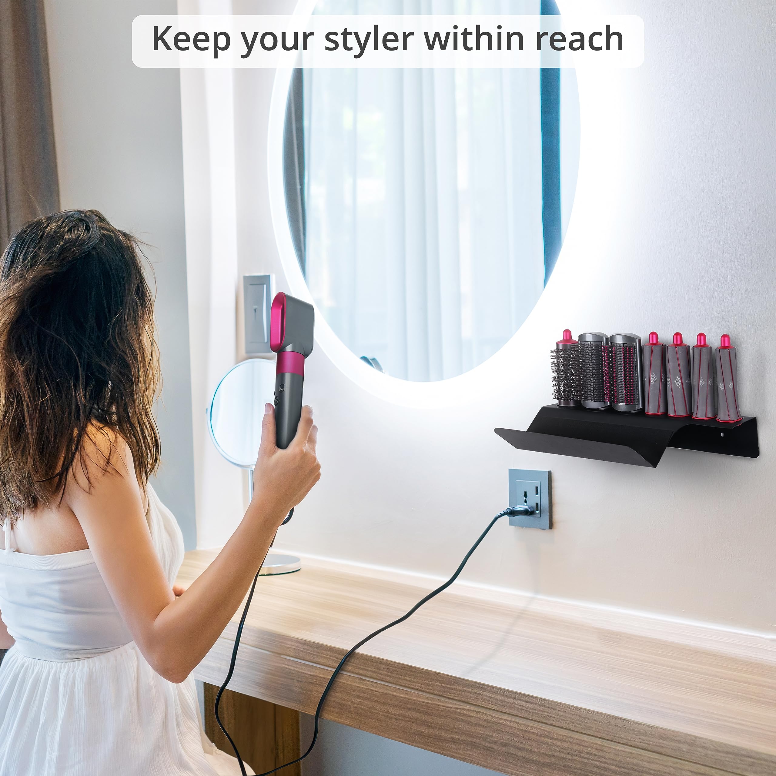 Winter Shore Uchwyt na Przechowywanie z Dyson Airwrap - Organizer na Ścianę z Mocnymi Podkładkami - Odporny na Wilgoć, Łatwy w Czyszczeniu, Bez Wiercenia - 39 x 17,5 x 7cm