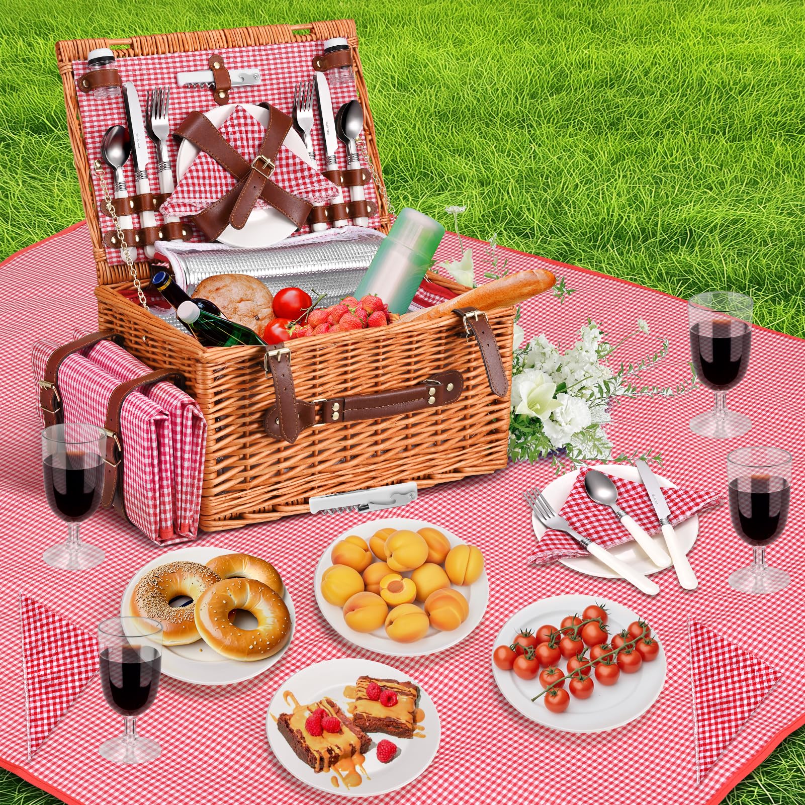 Cestino Picnic 4 Persone Vimini con Scomparto Termico e Coperta Impermeabile Rosso