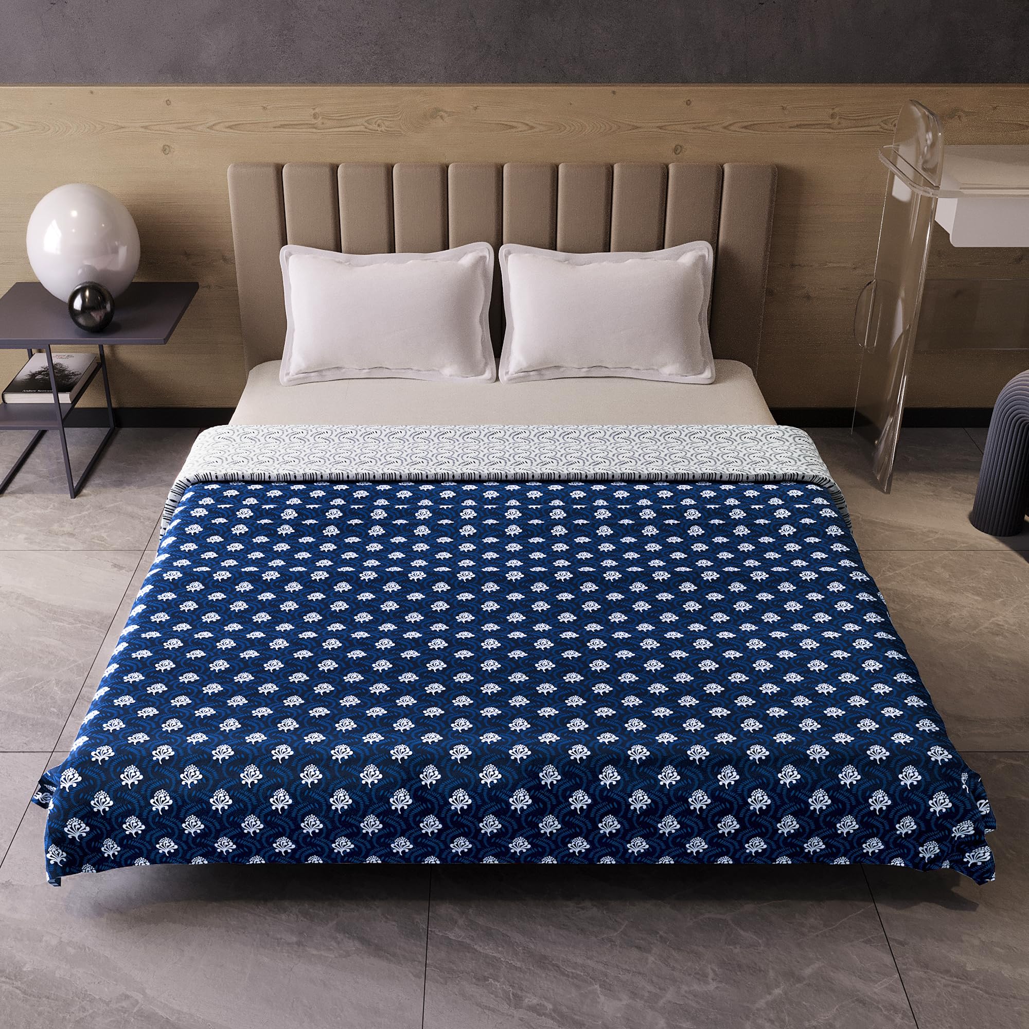 Divine Casa 120 GSM Microfibre Reversible Soft Lightweight Floral Printed Double Bed AC Dohar Blanket for Mild Winter - Navy Blue (Size 205 x 220 cm or 81 x 87 inch)| TC - 120