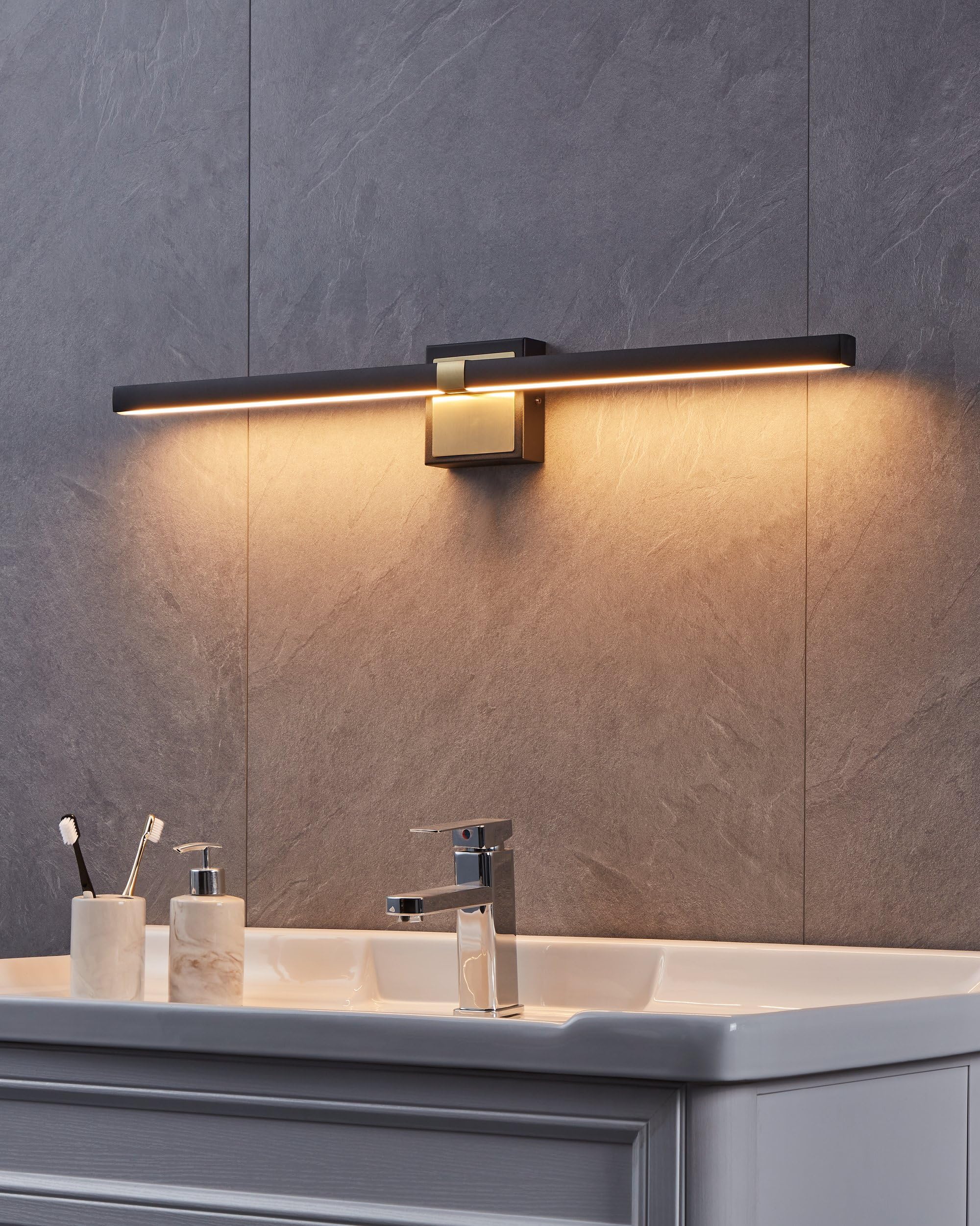 Eglo LED wall Light Peguera, Hallway and Bathroom Mirror lamp, Minimalist Lighting Fixture Made of Black Metal and Brass - Image 2
