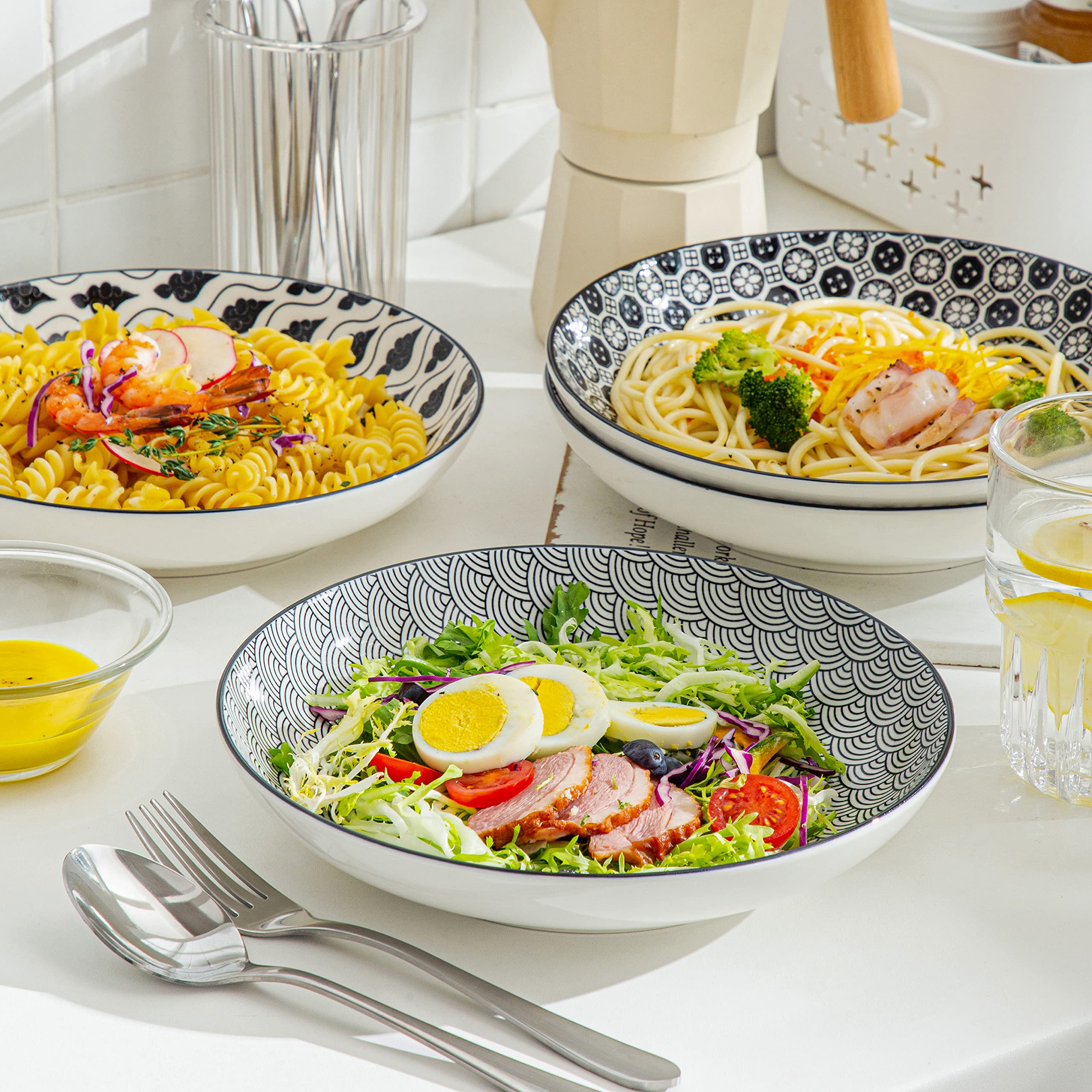vancasso Serie HARUKA Platos llanos, Platos para pasta, Espagueti, Platos de porcelana para 4 personas, Desayuno estilo japonés/Poke Bowl