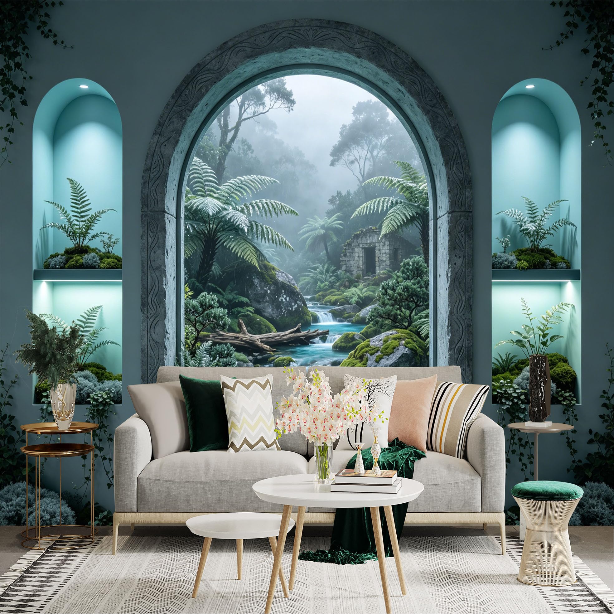 Custom Size Wall Sticker Mural， Tropical Waterfall Stream with Ferns and Stone Window View， for wall Decoration， peelandstick wall Decals.