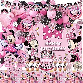 275 Pcs Minnie Birthday Party Supplies, Pink Mouse Party Decorations, Minnie Birthday Decorations Includes Minnie Banner, Minnie Balloons, Backdrop, Tableware, Minnie Stickers, Hanging Swirl Decorations, for Kids Party Decoration
