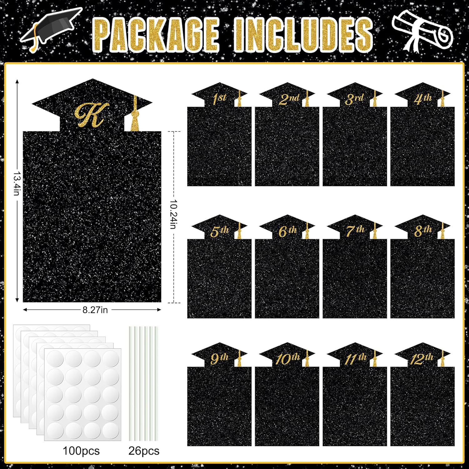 13 Pcs K-12 Graduation Yard Sign Decorations, 2026 Black&Gold Grade Photo Display Kindergarten to 12th Picture Board for Outdoor Lawn Yard Graduation Party Decorations Supplies