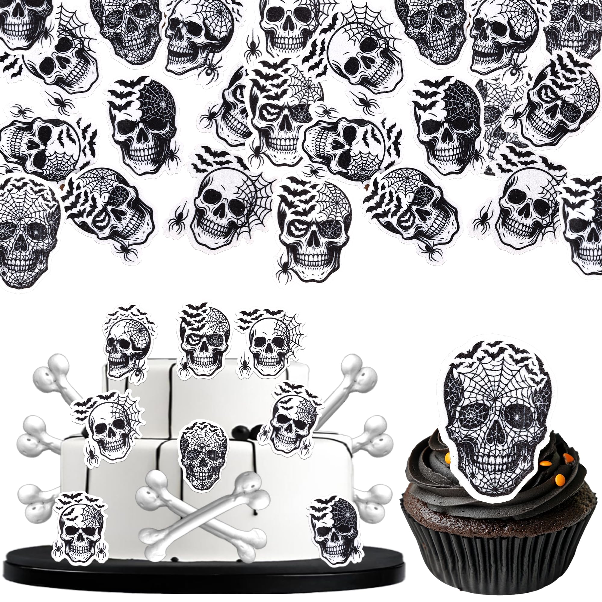 SYKYCTCY 60 Pack Edible Halloween Skull Cupcake Toppers Wafer Paper Spider Web Skull Cupcake Picks Edible Bat Cupcake Decorations for Halloween Theme Birthday Horror Party Cake Decorations Supplies