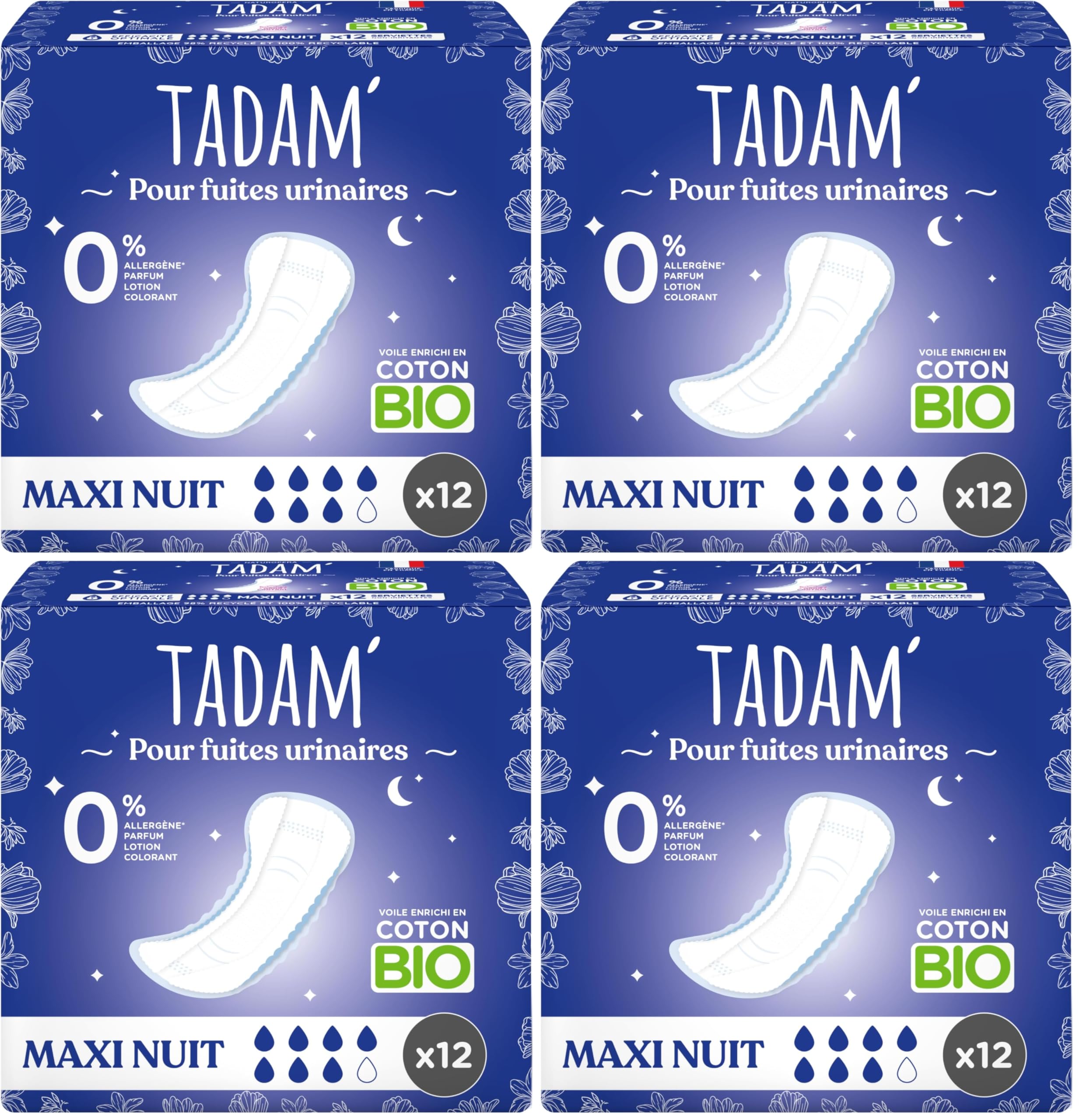 TADAM' - Serviettes Fuites Urinaires - Protection Maxi Night - Enrichi en coton Bio - Sans substances toxiques - Sachet de 12 (Lot de 4)