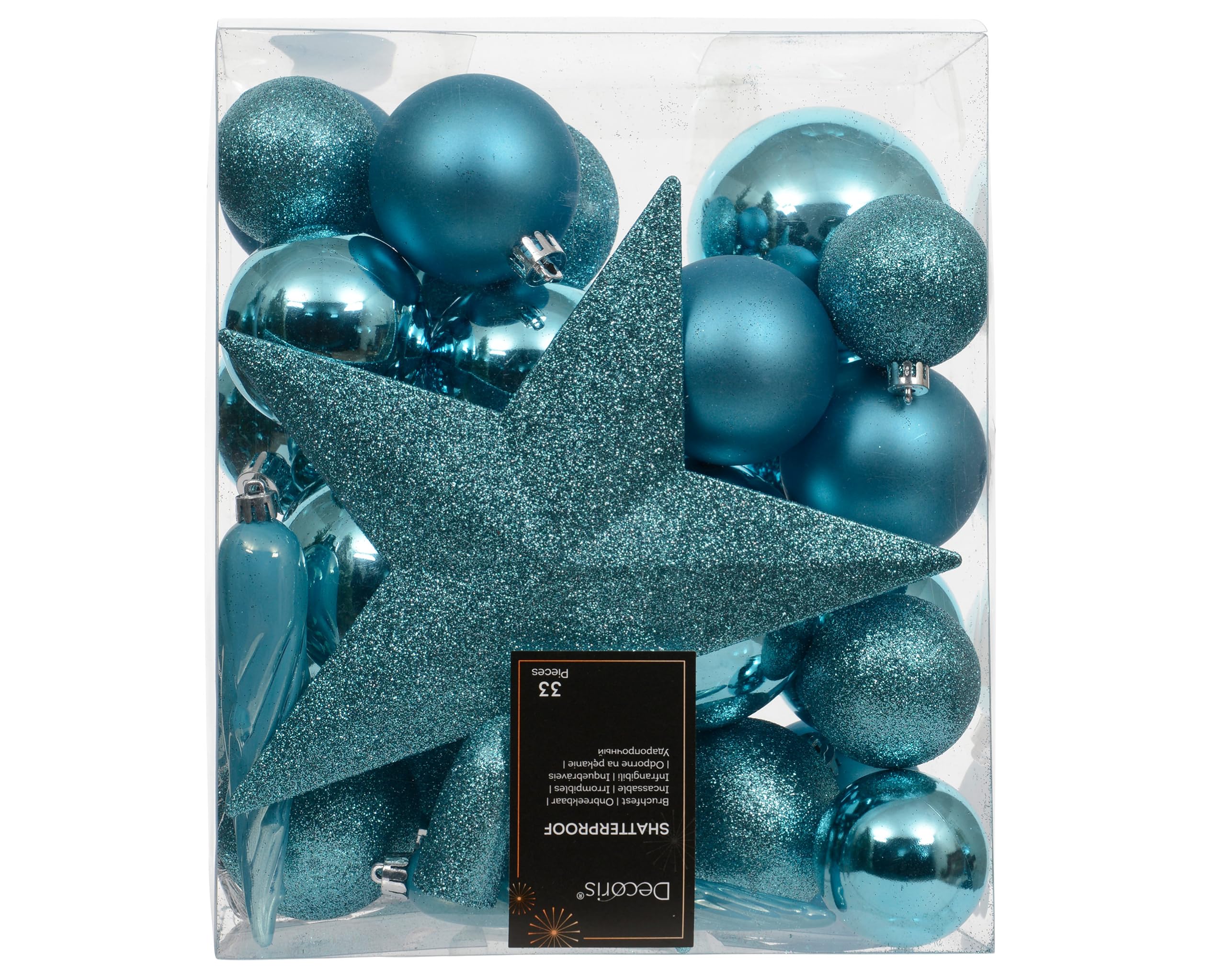 Boules de Noël incassables bleu folklorique avec pointe de sapin de Noël pour décoration