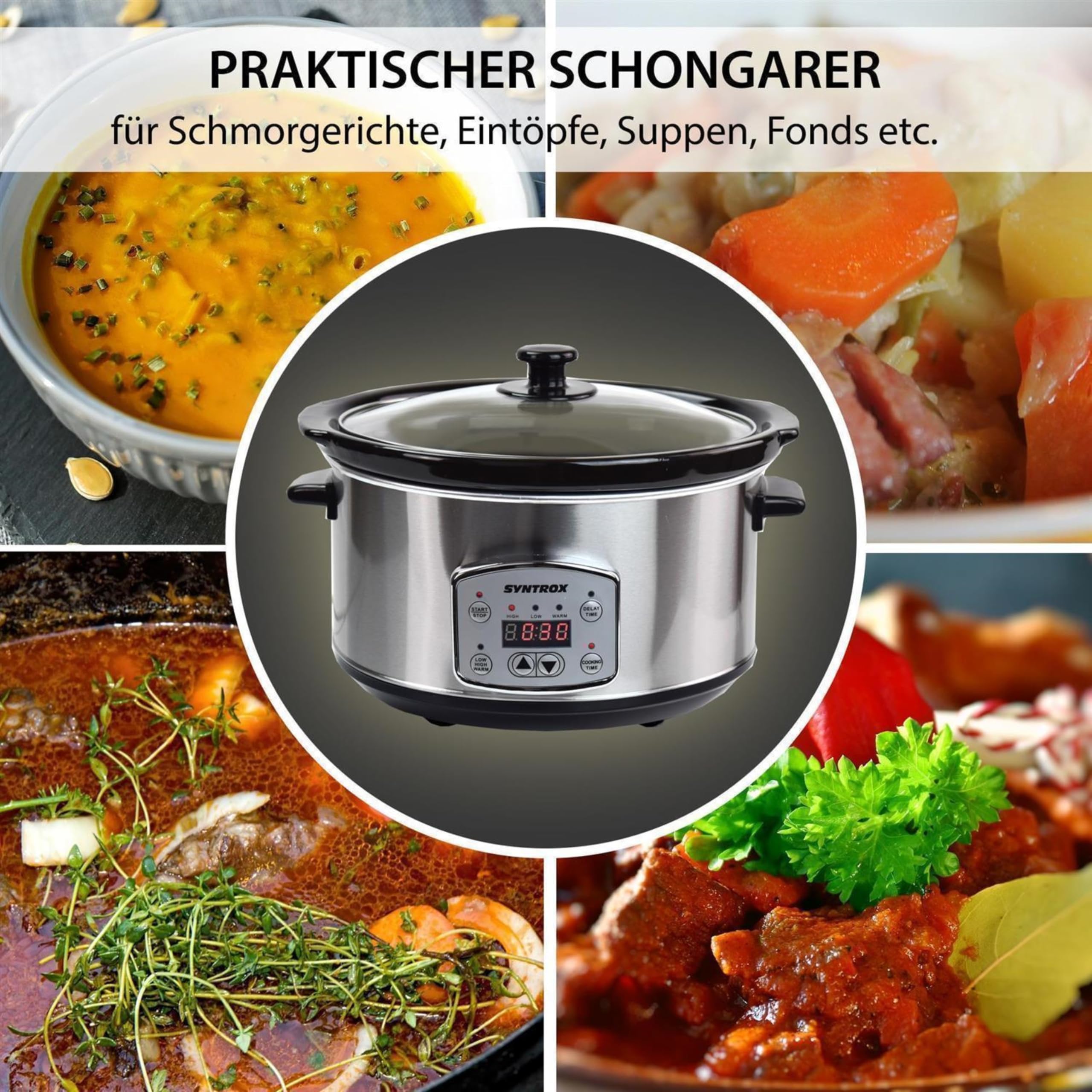 Syntrox Germany 4,5 l Slow Cooker | Schmortopf | Schongarer | Multikocher Annot, digitale Küchenuhr, Schonendes Langsamgaren, Edelstahl, Mikrowellengeeignet, Eintopfgerät