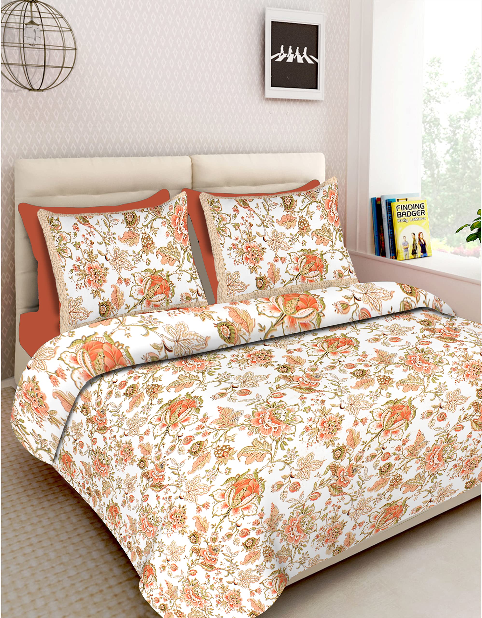 RHF 100% Cotton Printed King Size Double Bedsheet with Two Pillow Cover (100 X106 Inches),Orange-picture-15