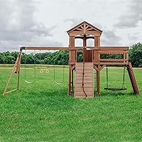 Vista 9 de Conjunto de columpios Backyard Discovery Sterling Point de madera de cedro con tobogán de ola, casa club elevada, puente de madera, pared de roca