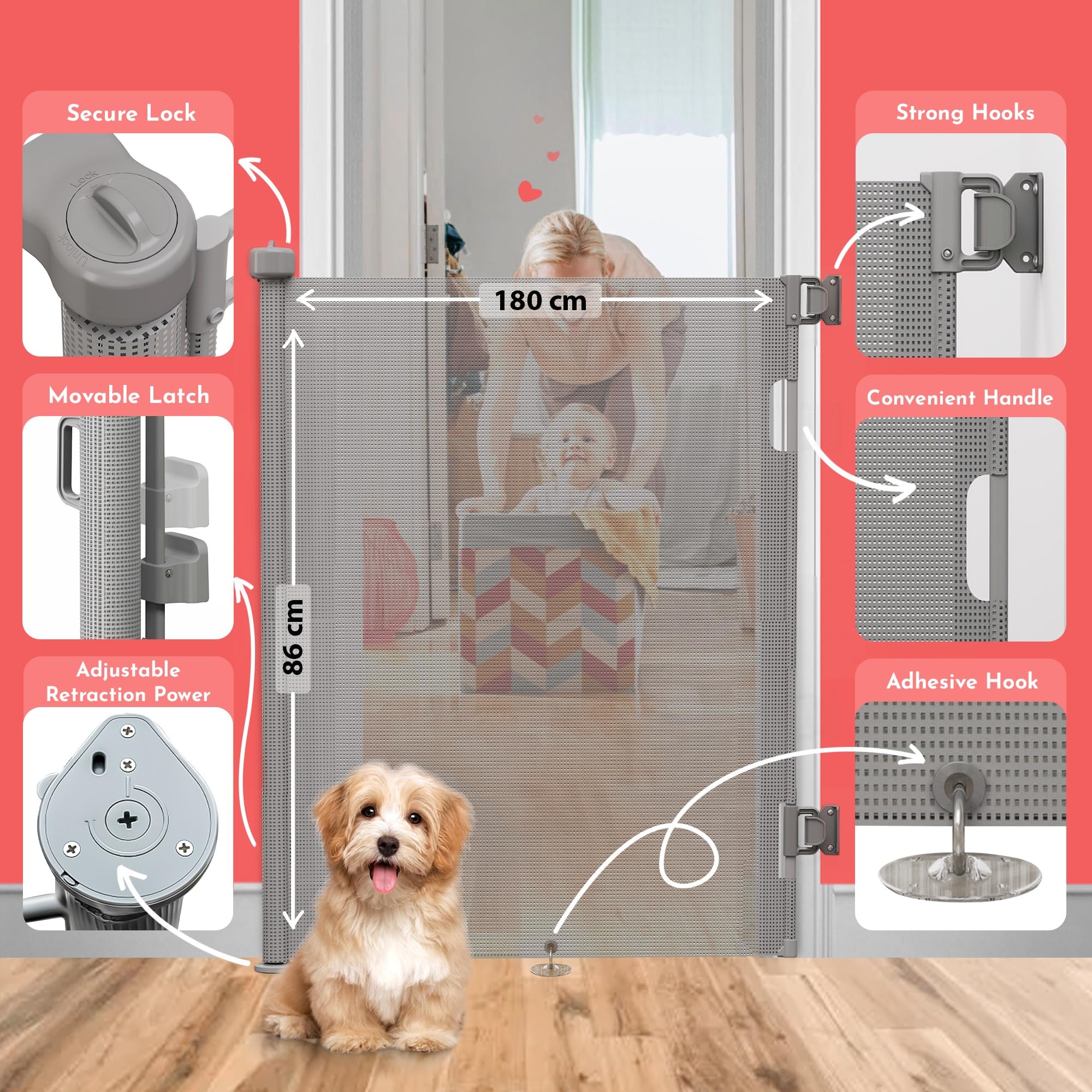 Dikots Grey Retractable Stair Gate for baby & Pet with secure 2-Step Lock, 180 cm wide & 86 cm tall extendable gate - Image 3