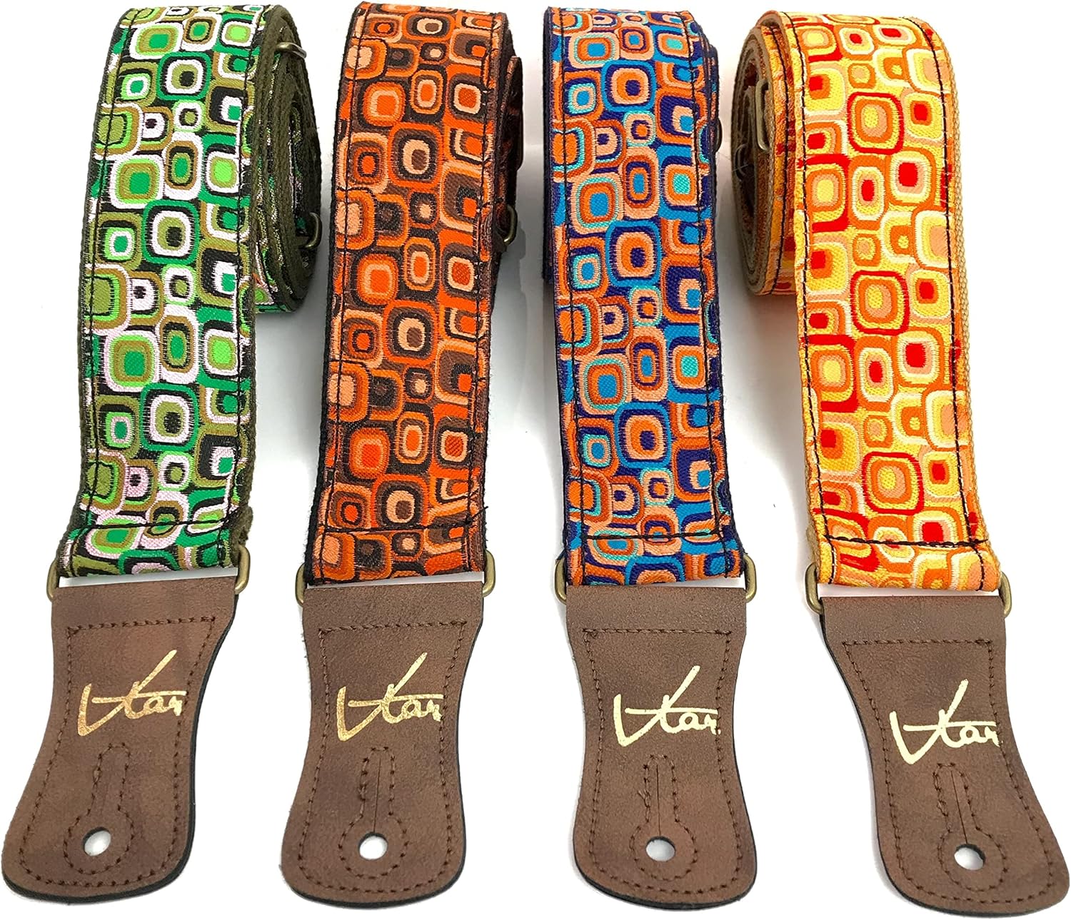 1to1music Orange Mod 60’s 70’s Retro Guitar Strap by Vtar, Made with Vegan Leather. For Acoustic, Bass and Electric, Orange, One Size