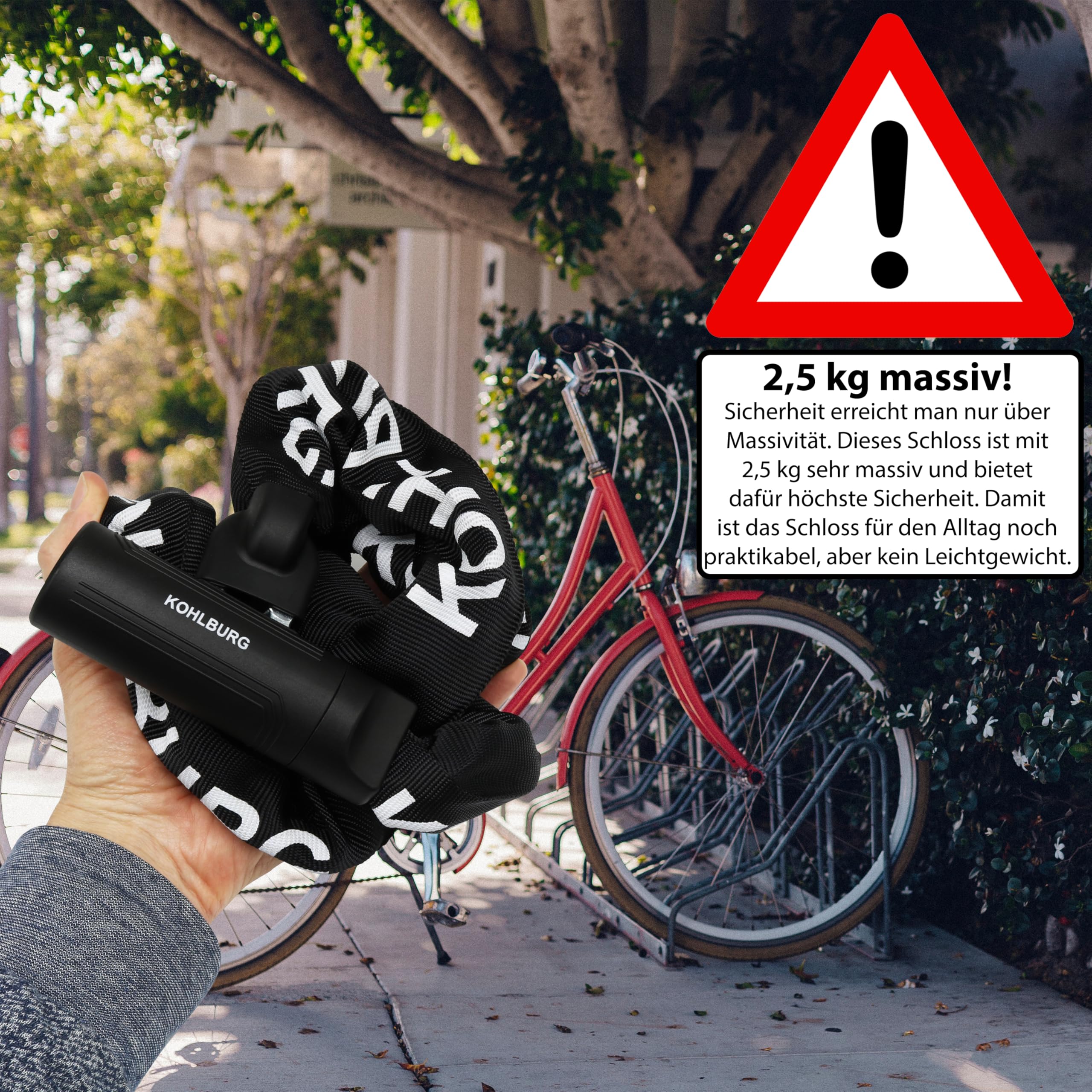 KOHLBURG Sicherheits- Kettenschloss - Schloss 125cm lang mit 8,3mm starker 4-Kantkette aus gehärtetem Spezialstahl - sicheres Fahrradschloss mit 4 Schlüssel für E-Bike Fahrrad & Motorrad