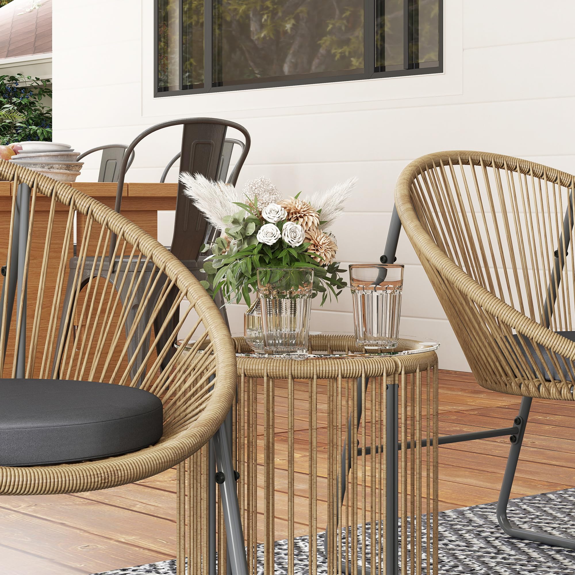 Outsunny Set da Giardino 3 Pezzi Rattan PE Acciaio, 2 Sedie Cuscini Lavabili Tavolino Caffè Vetro, Mobili Balcone Patio Cortile
