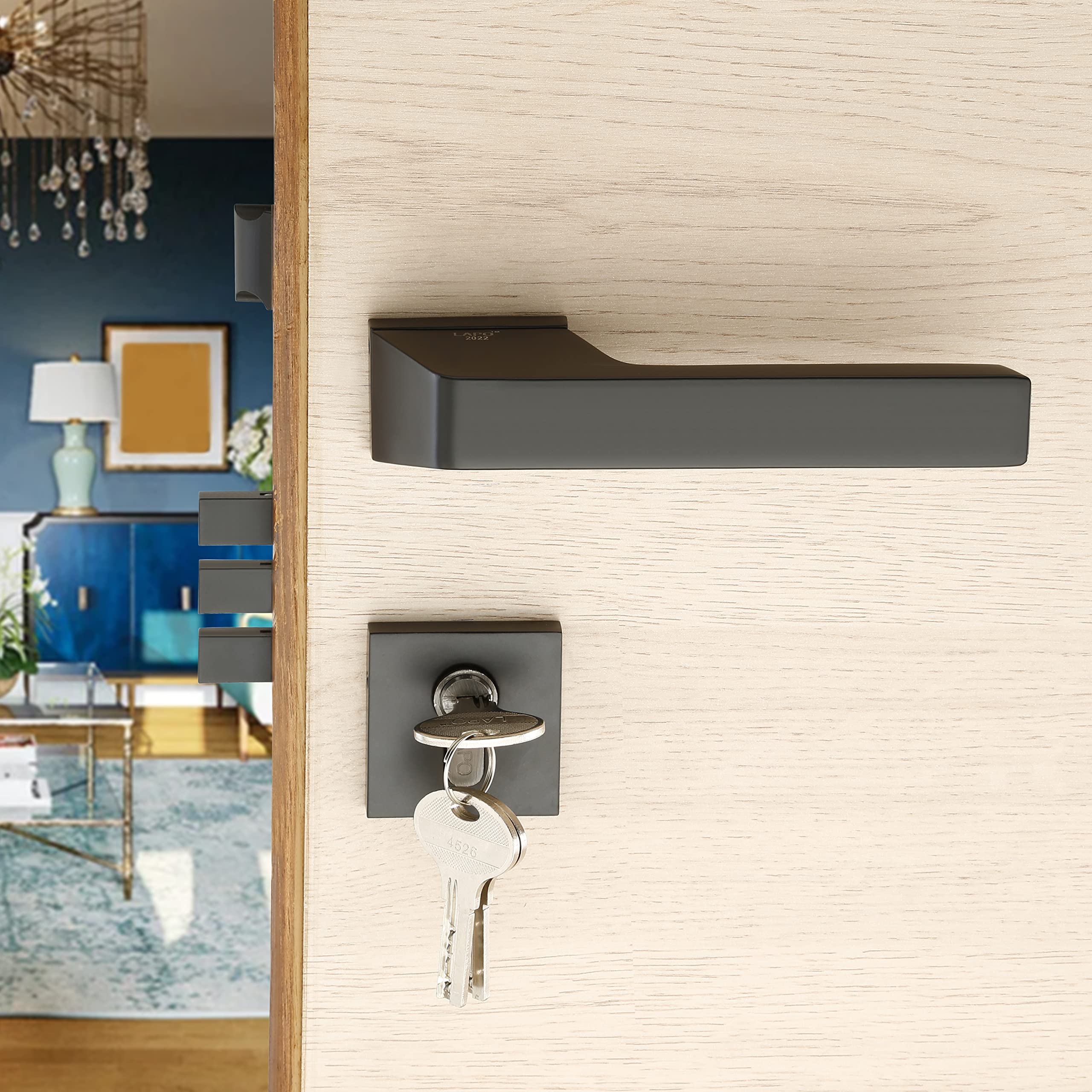LAPO Mortise Door Lock for Home Main Door & Bedroom with Handle - Left-Right Fit 30-50mm Door Home Office Hotel - Heavy-Duty 70mm Cylinder - 50x85mm Body - 3 Brass Keys | Black Finish | Ro-154 — Amazon image 4