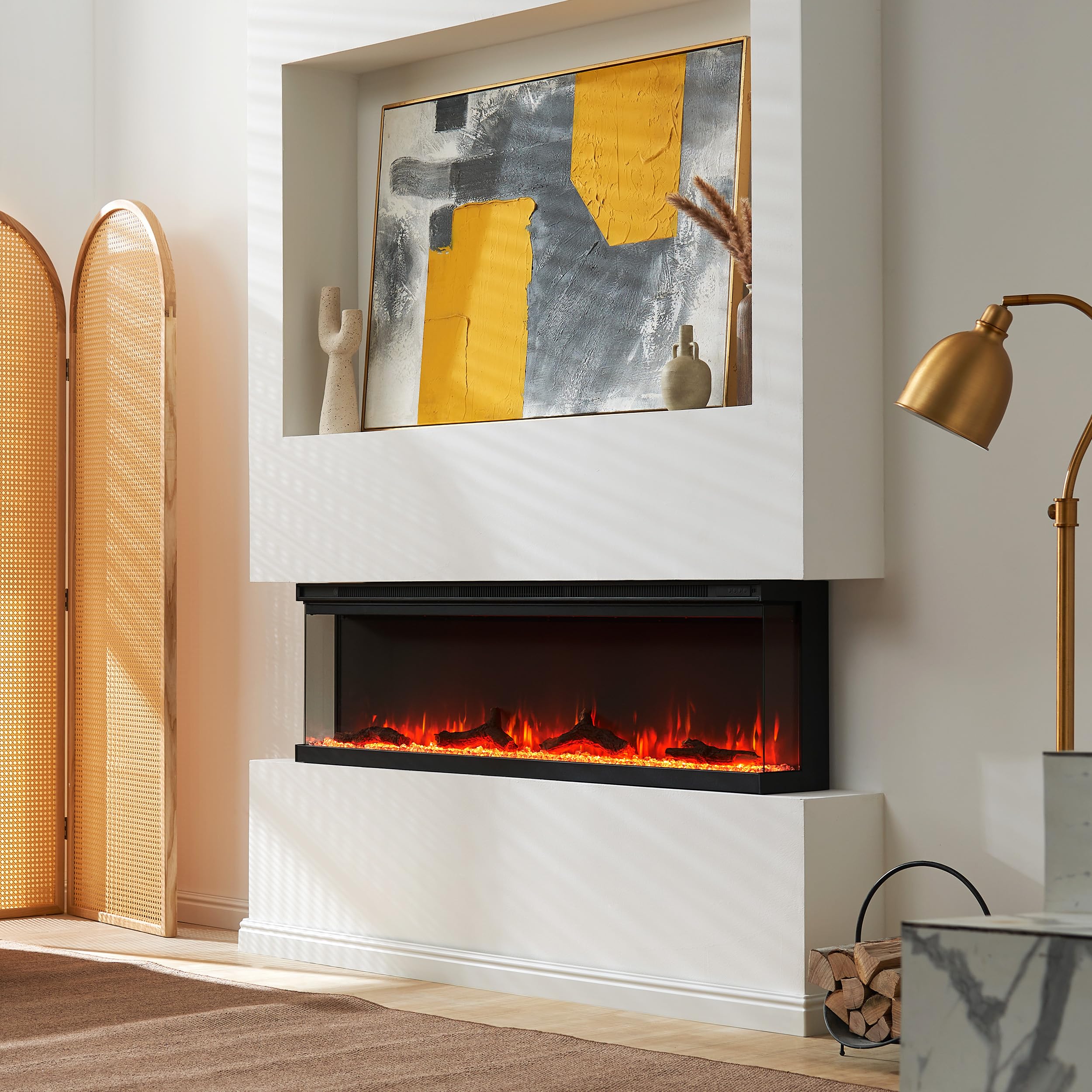 BALDERIA Camino elettrico Orson | Camino elettrico da parete/incasso, effetto fiamma LED 3D, dimmerabile, camino con riscaldamento da 1800 W di potenza, timer (60")