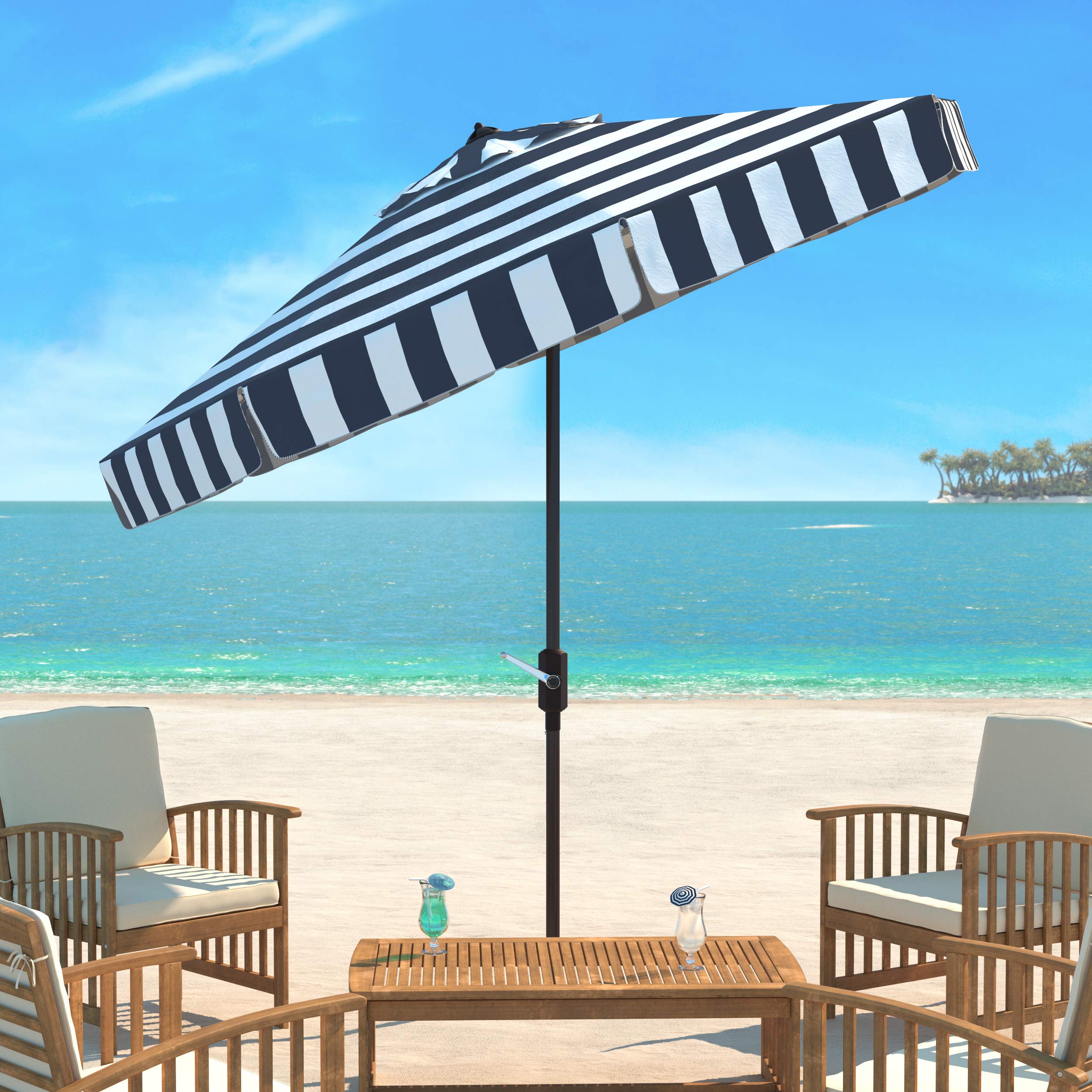 SAFAVIEH Outdoor - Elsa 9-Foot Crank Patio Umbrella - Navy & White Canopy - Brown Aluminum Pole - Striped European Spa Design