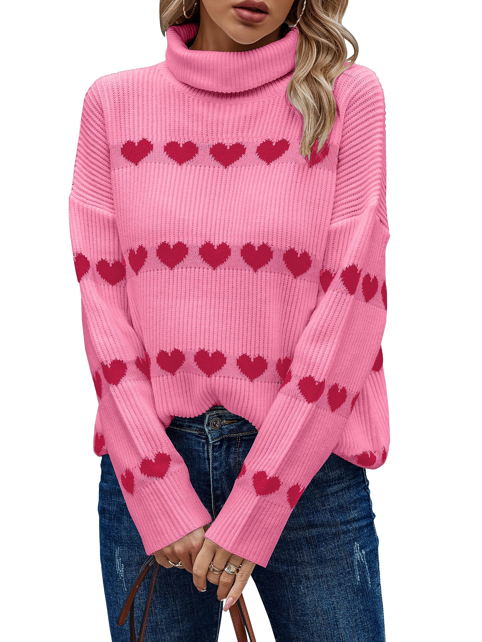 ECOWISH Women Valentine Heart Sweater V Neck Embroidery Knit Loose Casual Long Sleeve Ribbed Pullover Sweaters