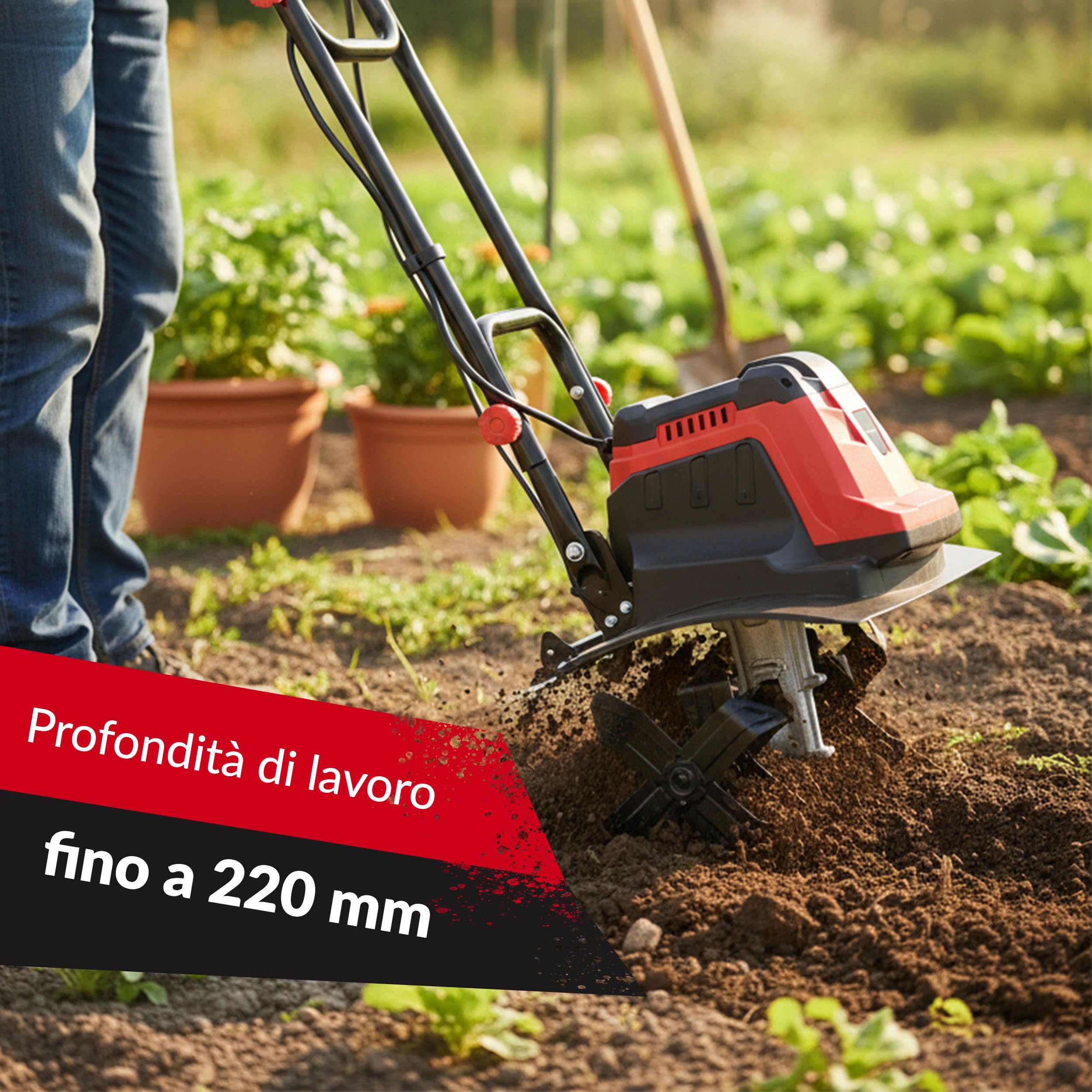 LEHMANN Motozappa Elettrica, 1800 W, Elettrozappa con Larghezza di lavoro 45 cm e Profondità 22 cm, 24 Lame, Ruote di Trasporto, Manico Pieghevole, Zappatrice per Orto e Giardino, Rosso/Nero