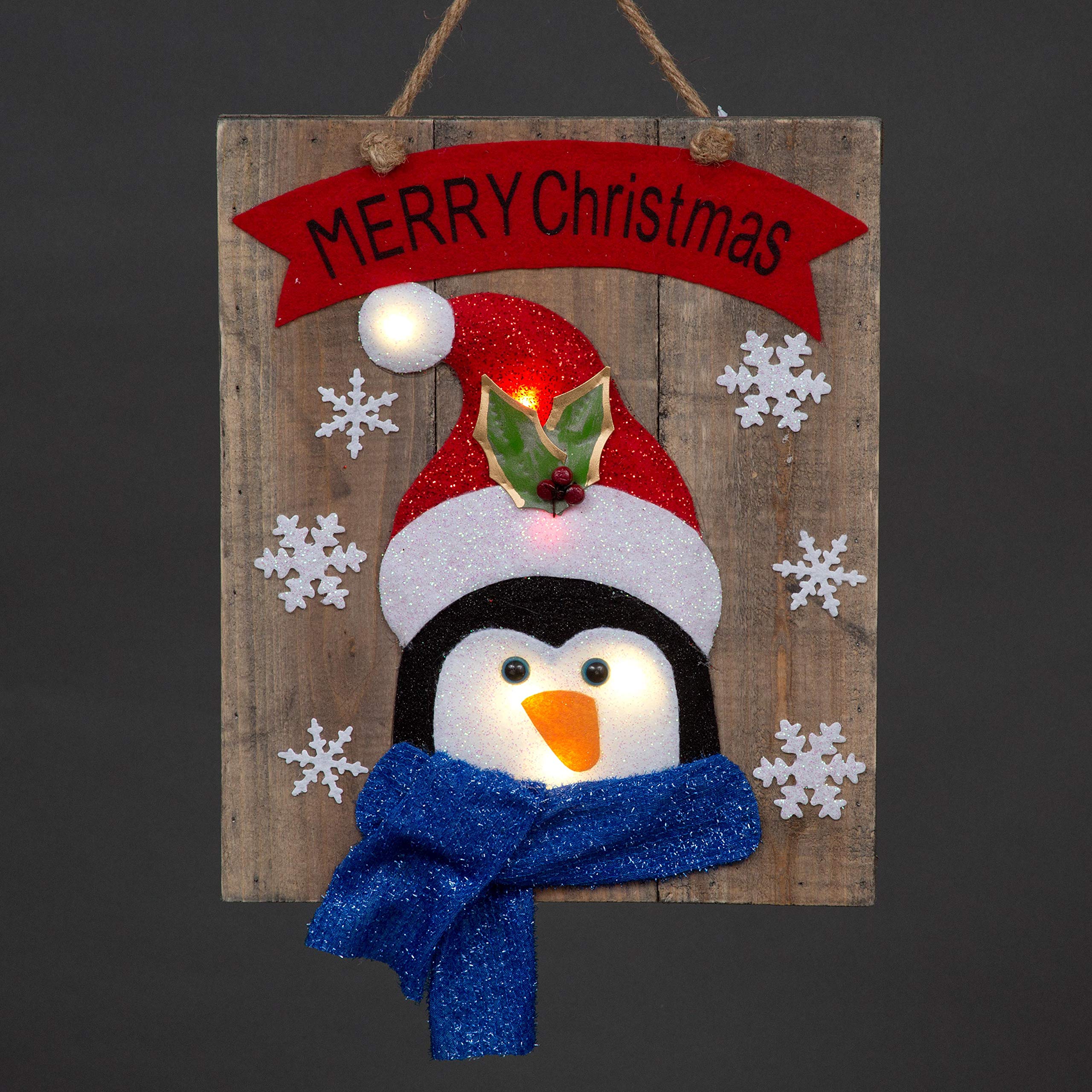 Shatchi Penguin Led Light-Up Wooden Snowflakes Wall Hanging Battery Operated 30X36cm - Merry Christmas Decoration